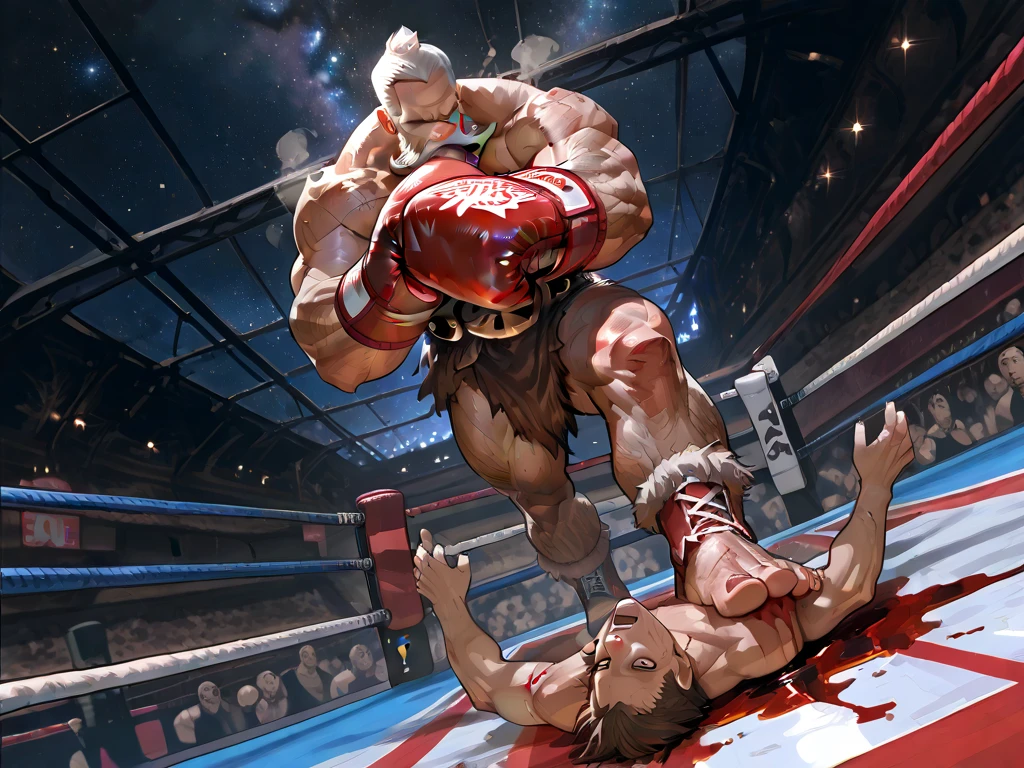 A fighter girl standing in the ring. Looking straight at the camera. Athletic body. Solid arms. Perfect six packs abs. Sweaty. Full body shot. And a fighter man died on the ground.