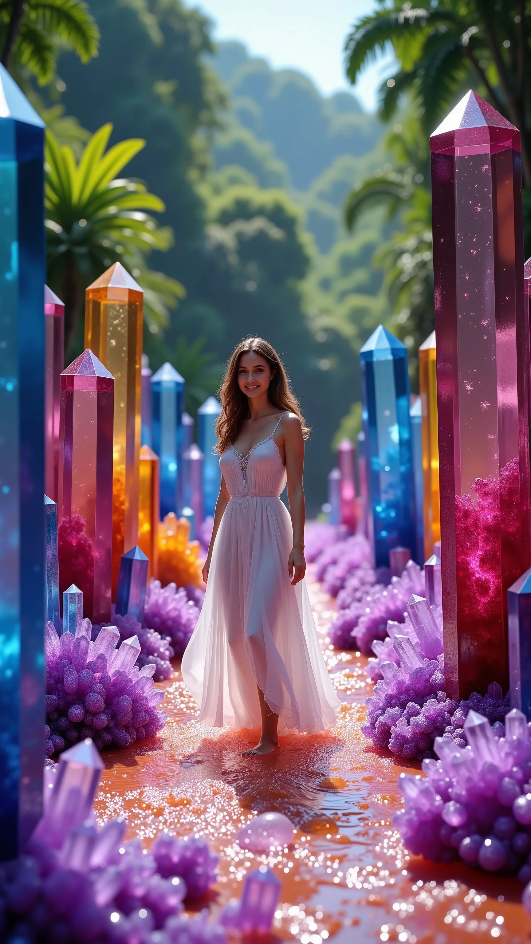 Ultra realistic, cinematography, ultra detailed, 8K, highres, 1girl, gorgeous european woman walking through a neon orange stream, direct eye contact, smiling, looking at the viewer, enormous 12-20 foot tall dark blue dark pink, dark red, and dark yellow translucent, see-through quartz crystals, hundreds of crystal points protruding from the ground lining the stream, bright neon orange stream with neon purple fizzing at the edges, the purple fizz bubbles, bubbles rise up in the air, lush green jungle, full sunlight, breathtakingly beautiful, cinematic photography, cinematic portrait, photorealistic, hyperrealism, ultra detailed, UHD, full focus, awe inspiring, stunning, visually intoxicating, award winning, masterpiece, (many more gigantic translucent quartz crysyals, long white dress)