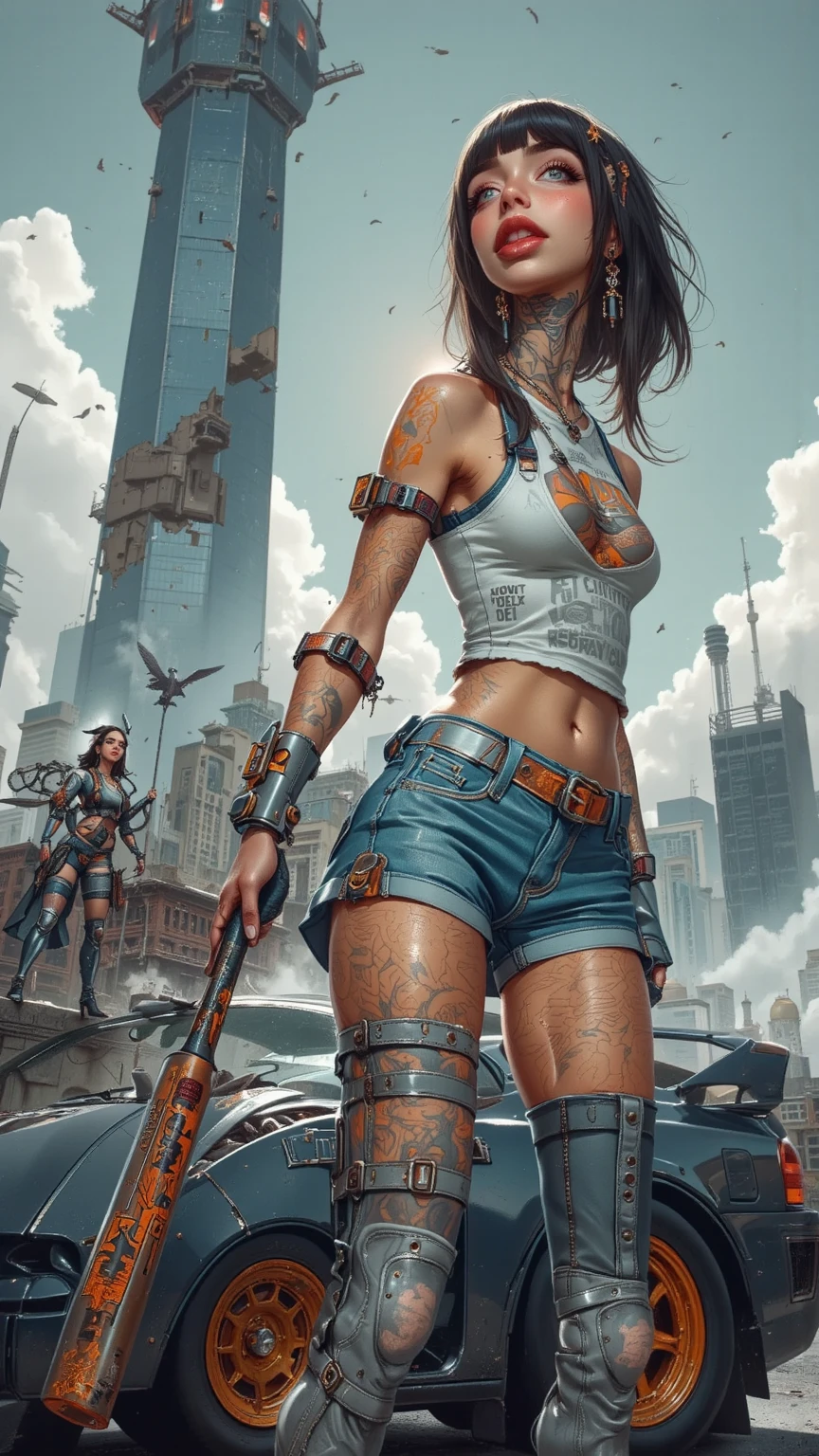 movie scene, a masterpiece (((an apocalyptic girl with backpack on her back))), slender body with large breasts, breasts down, firm breasts, oozing body paint, (walking in a destroyed city behind), full body, Kim Jung gi, freedom, soul, digital illustration, sci-fi, perfect anatomy whole body, centered, approaching perfection, dynamic, highly detailed, watercolor painting, artistic station, conceptual art, smooth, sharp focus, illustration, art by Carne Griffiths and Wadim Kashin, unique, award-winning, masterpiece