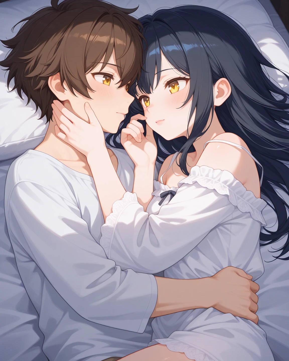 Male and female couples in their 20s、1 male, woman1 name、Please come dressed lightly for both men and women.、kiss、Glossy atmosphere、saliva spills、woman(medium long brown hair)close ~ eye、sweet sigh、male person(black short hair、put your right hand on the woman's cheek)tightly close your eye、With background(room、sofa)、the night deepens、dark、anatomically accurate limbs、the girl is a little thin、I can see my underwear,(((sexual position cowgirl))),sitting on the man
