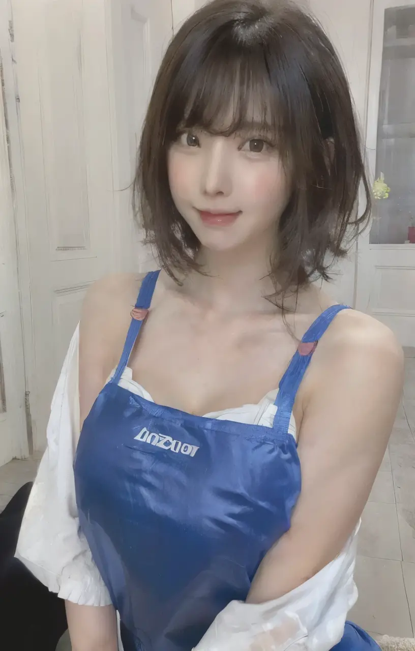 (Best quality:1.3), black braided hair, (naked:1.3), (apron), large breasts, thighs, smiling, cafe background, (blushing:1.3)