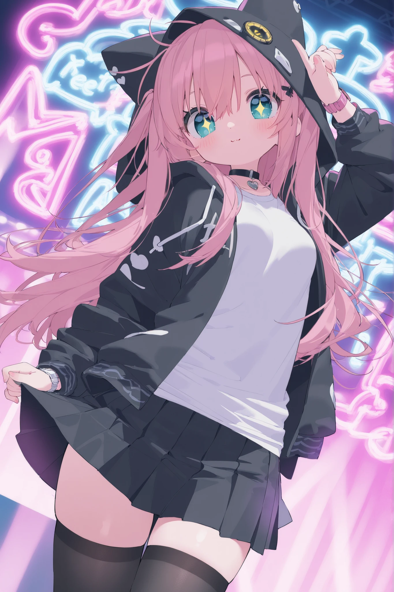 best quality、Highest Quality、8k、Highly detailed CG、dynamic angle、cowboy shot、Neon Light Sparkling Cyber Nightclub、Illuminated sign in the back、standing、Watch here、Beautiful Girls,1 cute girl、 cute pose with both hands 、Naughty hip swing dance、 random leg position 、cute accessory、black open hoodie 、white t-shirt、、Soft looking big breasts、I'm wearing a hoodie hood、Highlight healthy thighs、Very short black pleated mini skirt、black thigh high stockings、Stylish punky clothes、