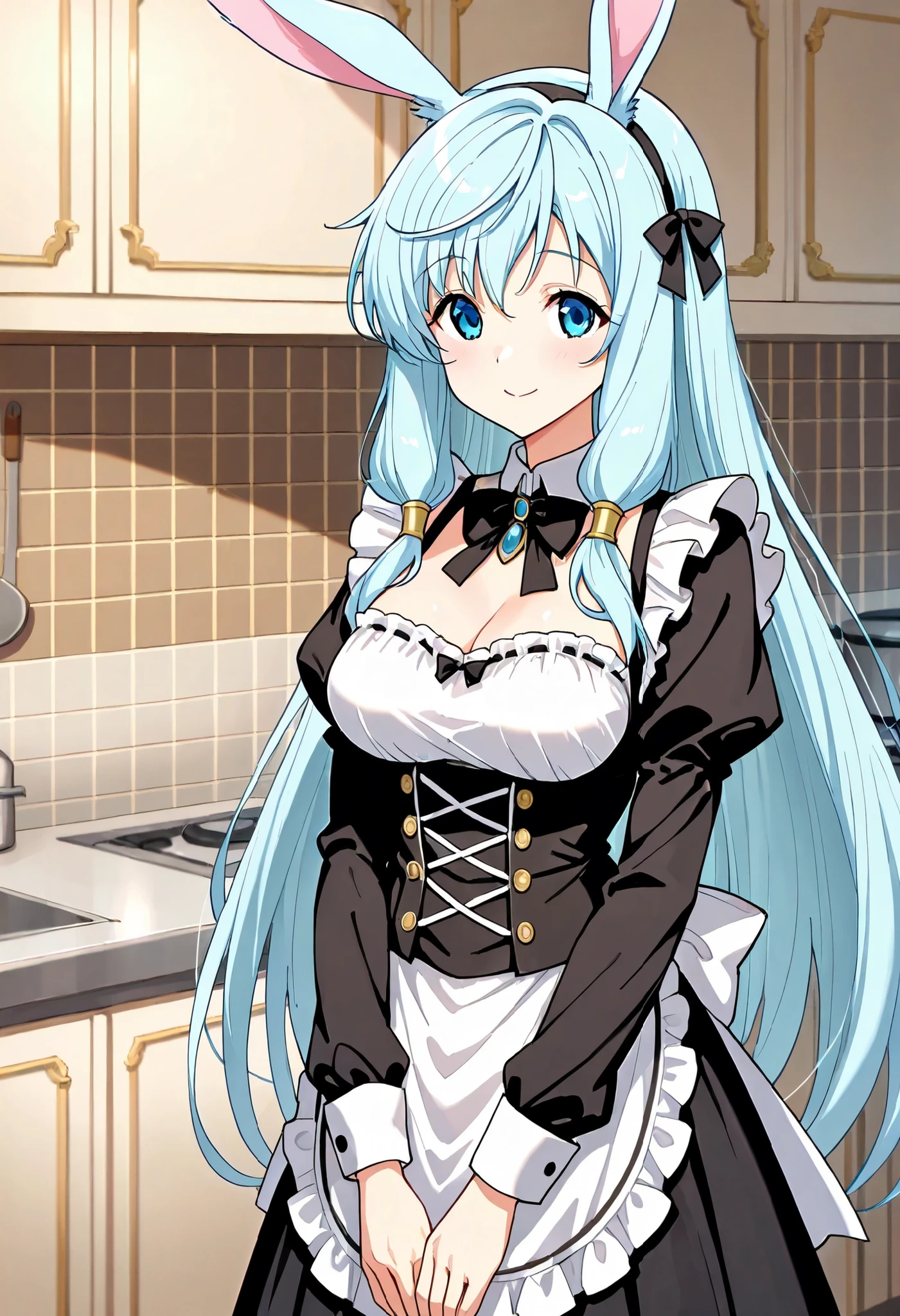 high definition、Highest Quality、Highest Quality、kitchen background、taken from the front、Standing、closed mouth、one girl、solo, smile, Shea Haulia,blue eyes, Light Blue Hair, Chest, Bunny ears、 hair bow, Black Maid Outfit 、black victorian maid outfit、, ((standing, cowboy shot))、interior、cuisine, smile, cowboy short