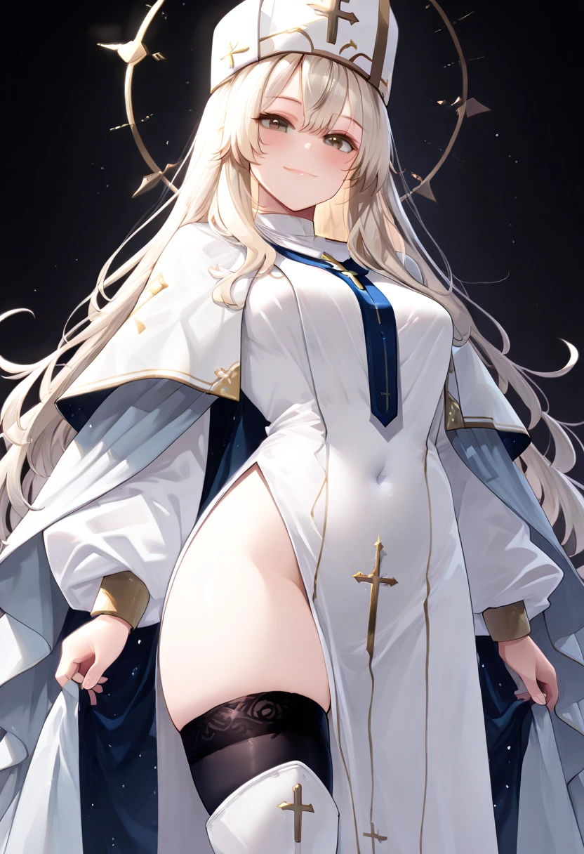 (priestess:1), (nun:1),complex, perfect lighting, 1girl, looking at viewer, smile, snulight,bight,glowing(masterpiece), (best quality),thighs<lora:AngelicWarriors_v1:0.9>