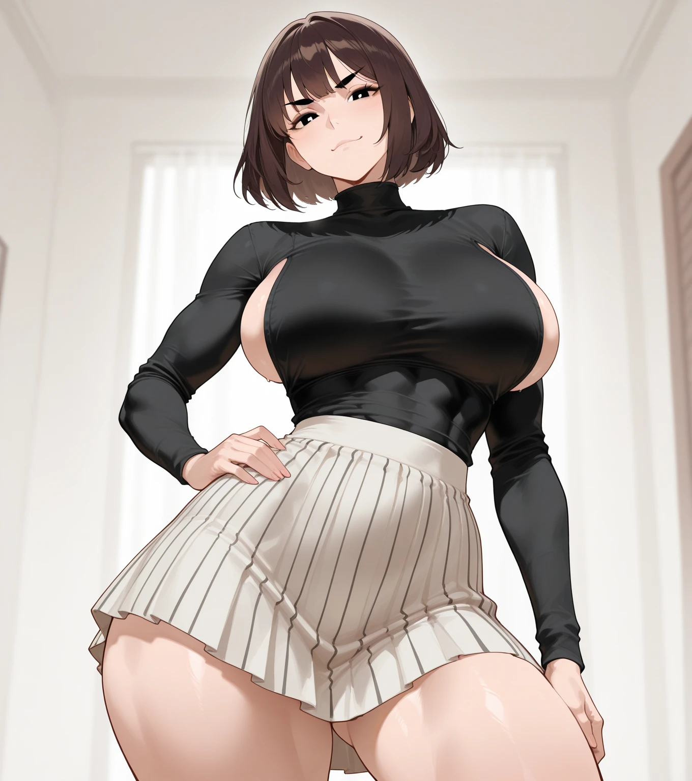 (NSFW), Misae Nohara, full body, thick thighs, hourglass figure, half naked, sexy legs, Looking at the viewer with seductive eyes, brown eyes, Misae Nohara, exposed breasts, 1girl, solo, wearing a transparent sequin dress, black stockings, lingerie clothing, looking at the viewer, vibrant lighting, (Background: Indoors, night club, bar), hard nipples, exposed vagina, best quality, highres, bbyorf, large breasts, off shoulder, long sleeves, no panties, indoors,