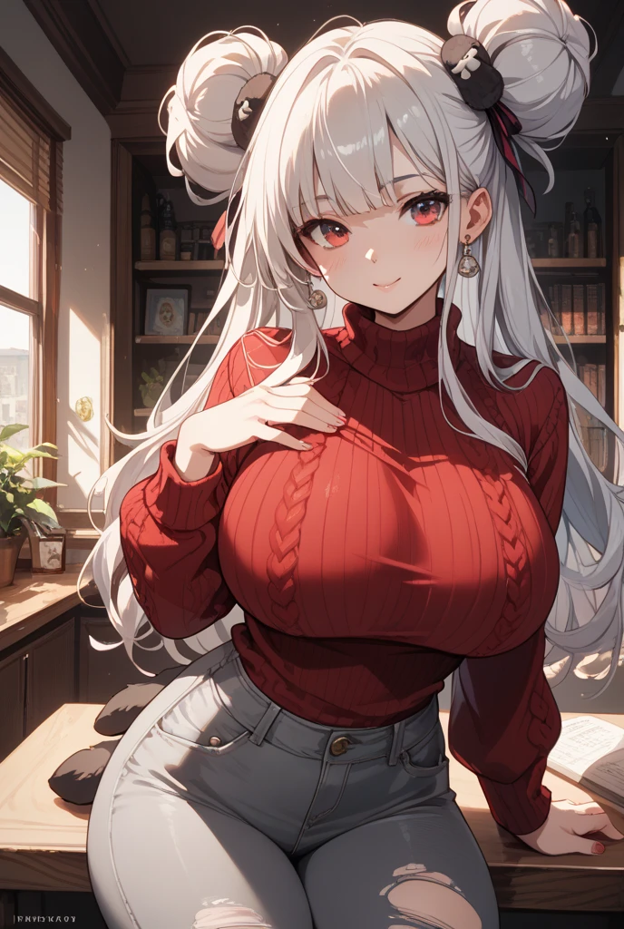 Kayra is a beautiful and cute girl with shiny silver hair, flirting with the viewer, sparkle in her eyes, detail oriented, Kayra is very charming, but because she suffers a lot of judgment and intimidation from the other girls in her class and is often cornered by the girls. Kayra is in the room Kayra has a cute and romantic smile, Kayra is secretly in love with you, but she is afraid to approach and talk to you. Kayra: *I wonder if he will judge me*. I will talk to him? beautiful red camo sweatshirt, red_short shorts