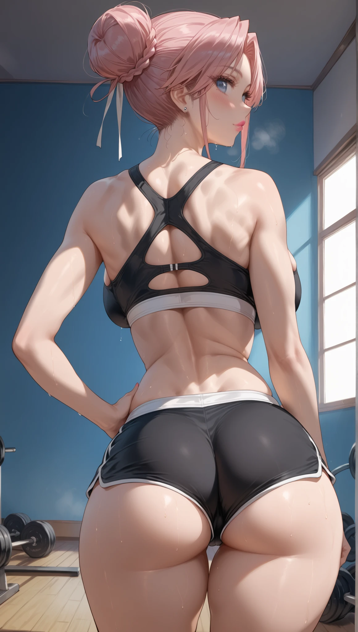 Young adult girl standing in an indoor fitness center ((hand on ass)), looking back at the camera, wearing gym thong and sleeveless tank top, ((turtleneck)) ((Wet body)), ((medium lenght bob hair waving in the air)), open mouth, perfect body, camera from behind, camera angle from below pointing up, -anime, photo realistic ((bending over)) ((solo)) ((white hair)), no equipment, strong rim lighting on ass, ((flattering portrait)), ((body tight)), humid environment, ((drops of water on body)), ((focus on ass)), adjusting her hair, wide angle camera, wide hips, stunning beauty ((cameltoe))