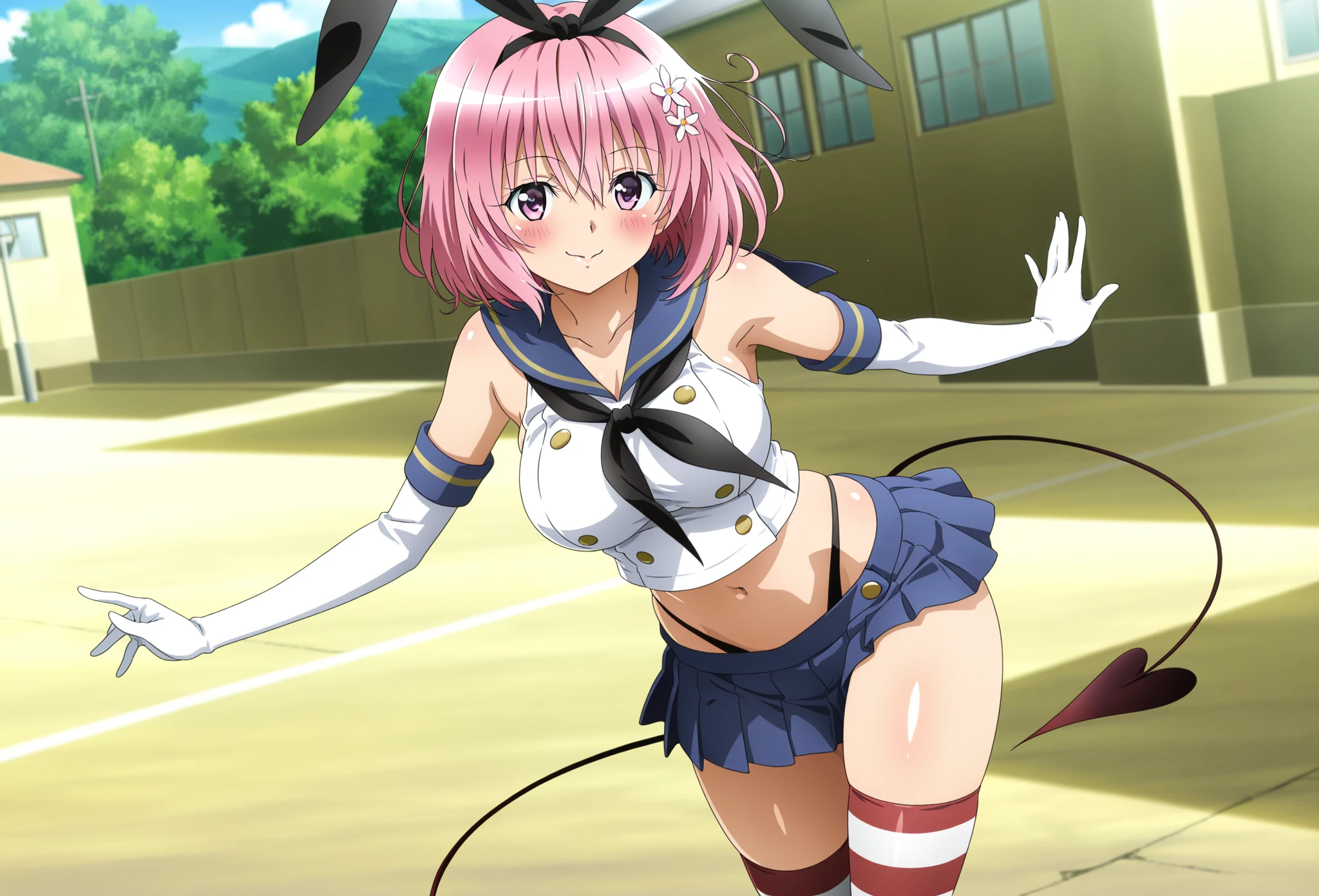 (perfect body),highest quality,16k,(nsfw)、anime screen capture、((blush)),(short hair), (((orange eyes))),thick tight,((((pink hair)))),Are standing,Sweat,I was surprised,((())),(((View from the front)))),cowboy_shot,((((wavy hair)))),Ahoge,Barrette,(((yellow sleeveless shirt))),(((Pink ruffled mini skirt))),(((light blue striped panties))),(white knee socks),(white gloves),((Panty shot)),A skirt that blows up in the wind、big ass,flat chest、blush、standing,looking at the viewer,((( he is short))),((smile)),(((headset on head))),(left arm raised),(surprise),(from below)、((dynamic pose)),((Idol)),((1 girl)),(((pink bow tie)))