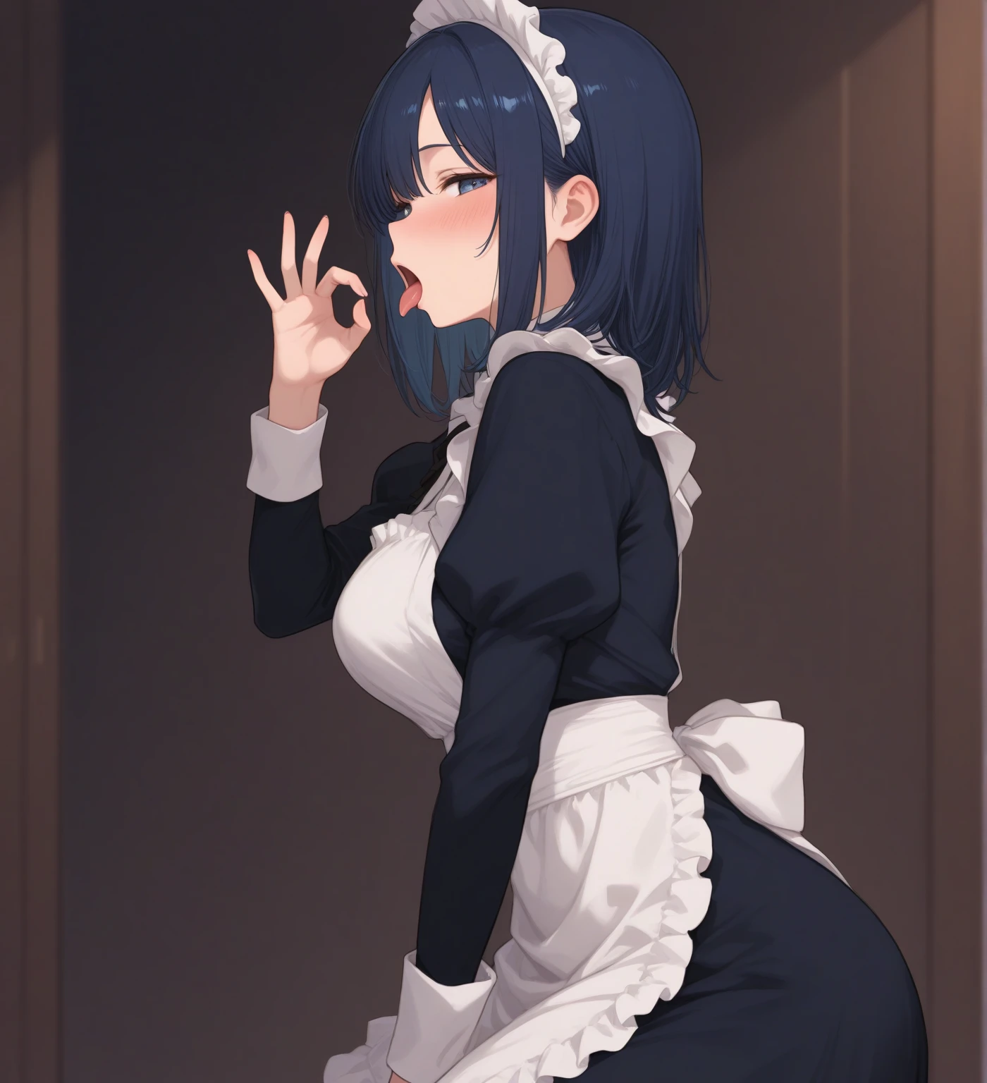 1girl,black hair,light blue eyes,blackdress,pov,Embarrassed,big breast,maidapron,(White mob cap),puffy_sleeves,maid_apron, belt,thighhighs,masterpiece, best quality, very aesthetic, absurdres,(dress lift:1.5),(straight-on),(Frilled Panties)