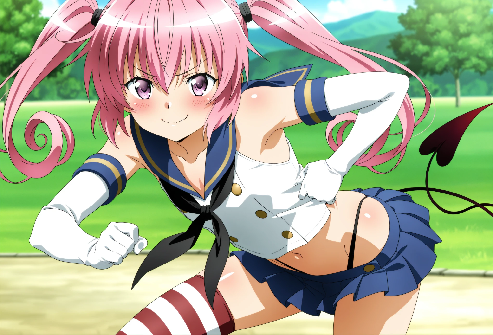 <lora:MIMI_HTS:0.8>  MIMIHTS, 1girl, soro, pink hair, twintails, long hair,  hair ribbon, brown eyes, drill hair, 
dark blue buruma, blush, gym uniform, open mouth, cowboy Shot,
masterpiece, high quality, very_high_resolution, large_filesize, full color,