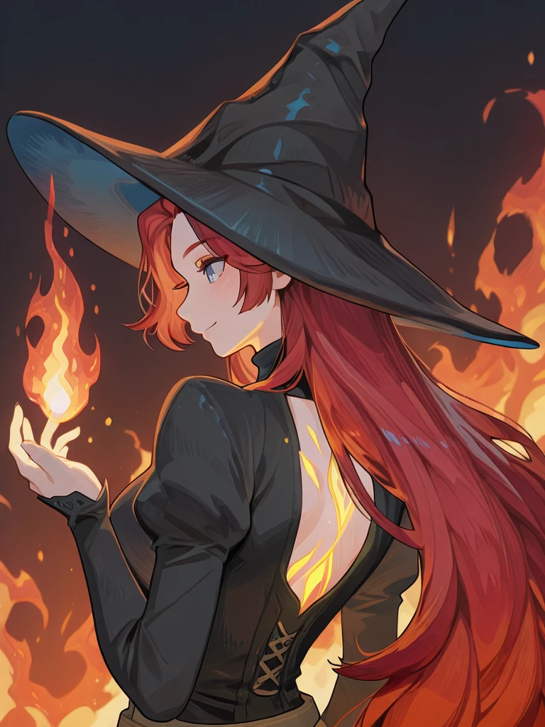(Masterpiece, best quality), detailed, ((character art, full of details, Anime Babe, Wallpaper, Game Illustration, Animagine XL Babe, Fan Art, Animated)), (AFK_Arena, Mirael, flame witch)), (1woman, female, black long dress, witch hat, cloth dress), (ruddy skin color) , (detailed eyes), detailed face, ((happy face expressions smiling)), athletic physical form, ((red color hair, long style haircut)), ((cast fire magic, mage of fire)), (simple background, white background: 1.3)