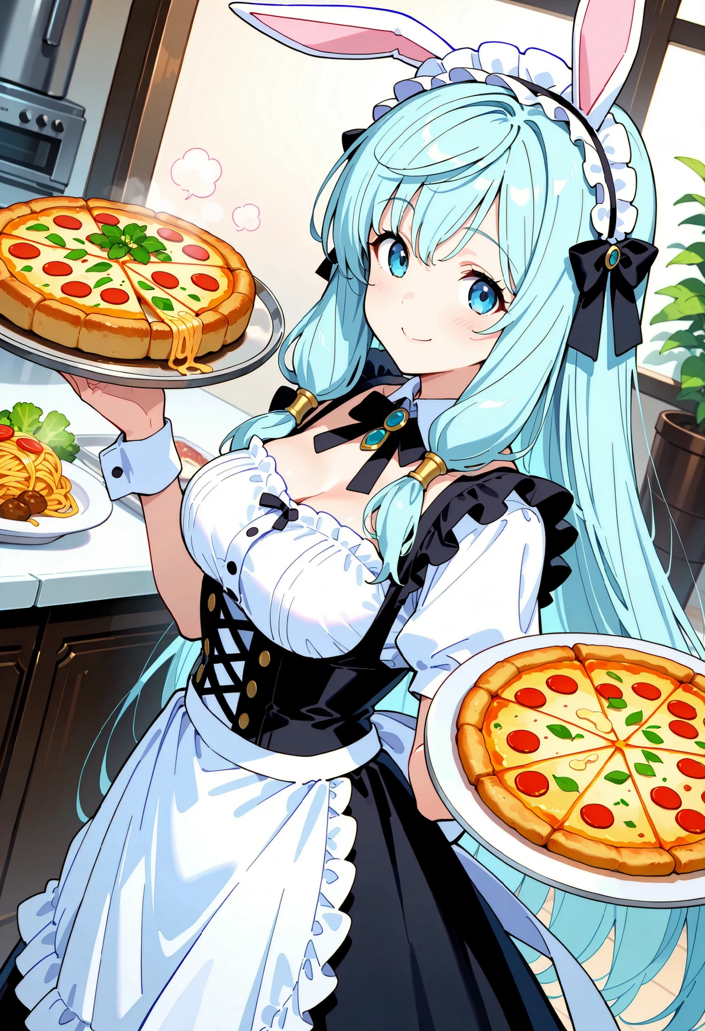 high definition、Highest Quality、Highest Quality、kitchen background、taken from the front、Standing、closed mouth、one girl、solo, smile, Shea Haulia,blue eyes, Light Blue Hair, Chest, Bunny ears、 hair bow, Black Maid Outfit 、(black victorian maid outfit:1.tanding, Silver Tray, Carrying food, Tableware , pizza, pasta, Italian Food, bend your back , restaurant, The flower of orchids, Dynamic angle