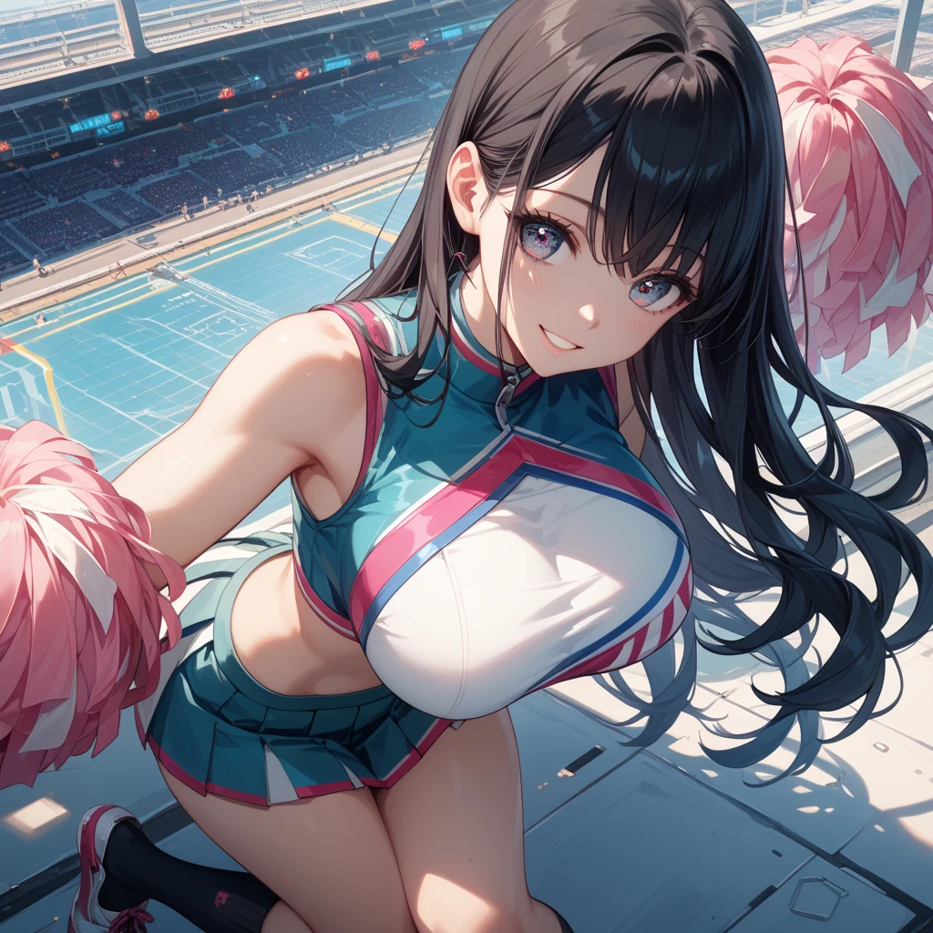 (masterpiece,best quality,very aesthetic),(ultra-detailed),super-fine illustration,high saturation,nsfw,1girl,solo,10yo,curvy,large breasts,twintails,hair over one eye,black hair,(cheerleader uniforms,green lace thong,pleated skirt),Stadium seating,skirt lifted by self,dancing,naughty face,torogao,cheerful,happy,cowboy shot