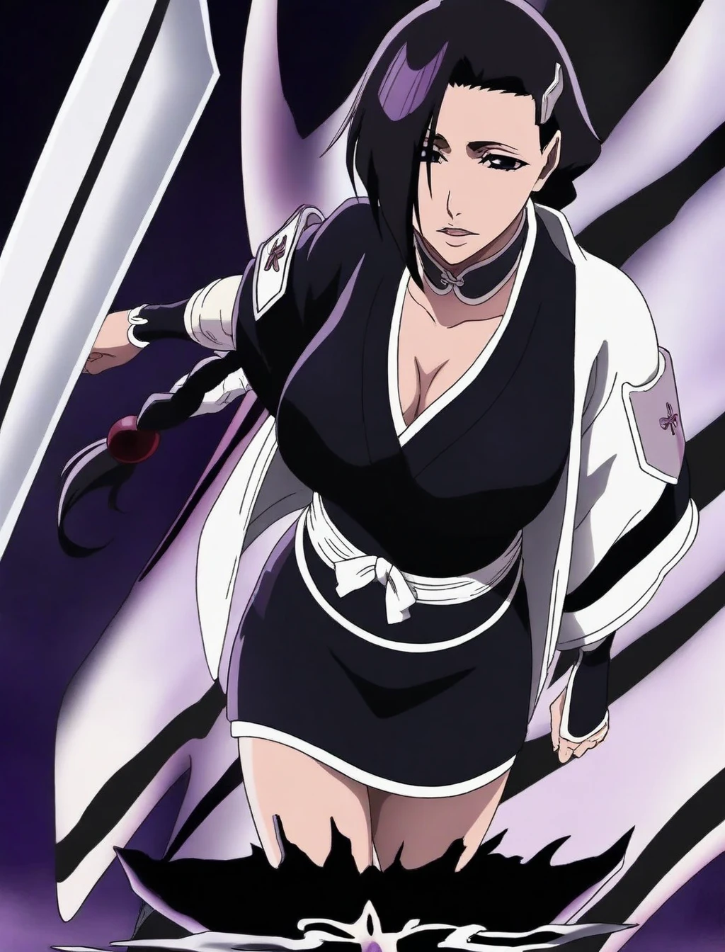 full body, 1 Woman in black costume with white pants, dressed as a maid/Ninja, big breasts, staring at the viewer, holding a katana attached to a chain, she has short purple hair and blue eyes, she is in a dark alley with bandits in the background, grimace, Unreal Engine 5, Mortal Kombat, anime, Action painting, Suprematism, anatomically correct, 16k, masterpiece, best quality, high details, UHD, ccurate