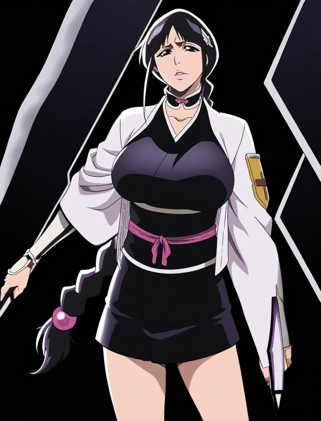 1 Woman in black costume with white pants, dressed as a maid/Ninja, big breasts, staring at the viewer, holding a katana attached to a chain, she has short purple hair and blue eyes, she is in a dark alley with bandits in the background, grimace, Unreal Engine 5, Mortal Kombat, anime, Action painting, Suprematism, anatomically correct, 16k, masterpiece, best quality, high details, UHD, ccurate