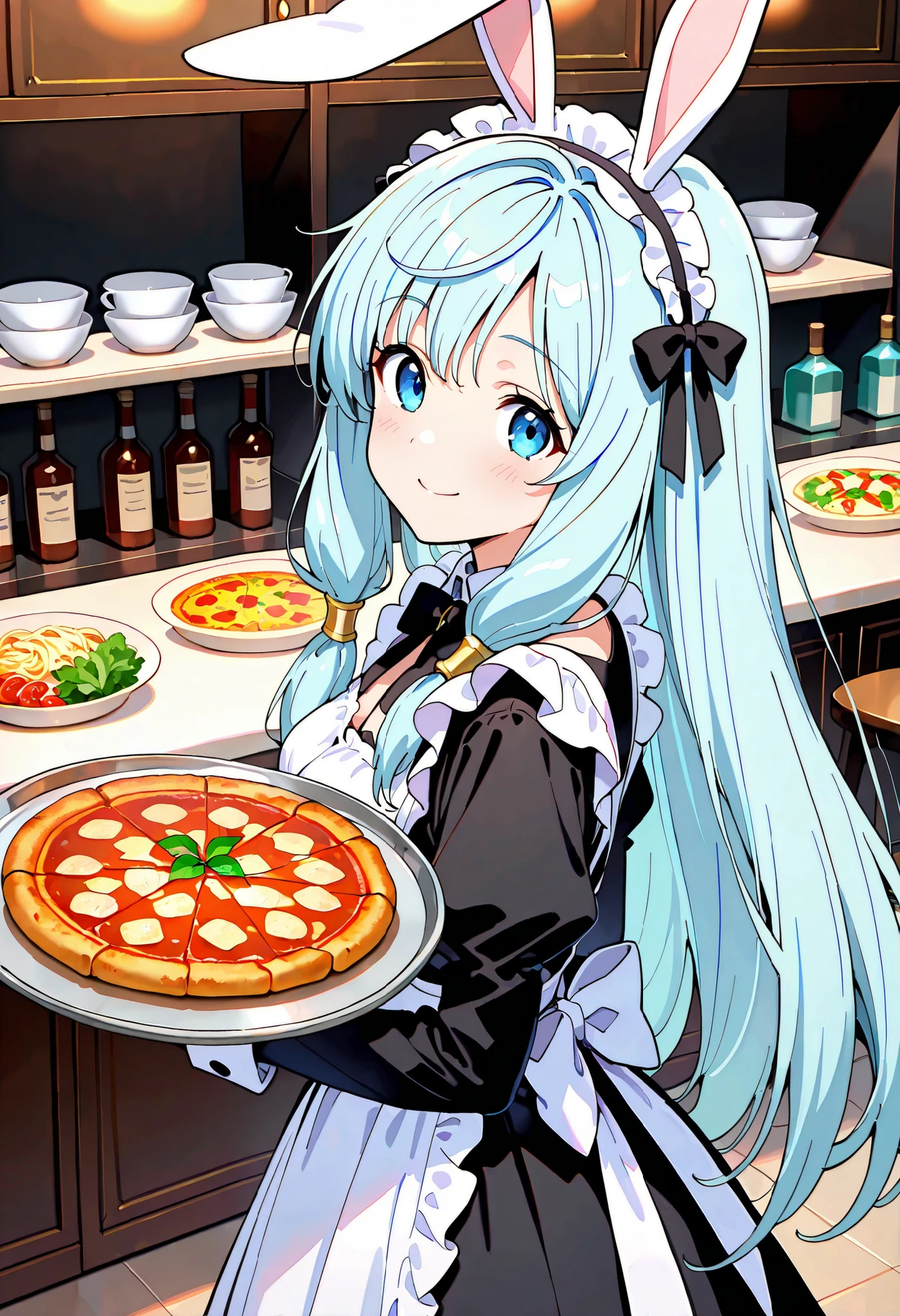 high definition、Highest Quality、Highest Quality、kitchen background、taken from the front、Standing、closed mouth、one girl、solo, smile, Shea Haulia,blue eyes, Light Blue Hair, Chest, Bunny ears、 hair bow, Black Maid Outfit 、(black victorian maid outfit:1.tanding, Silver Tray, Carrying food, Tableware , pizza, pasta, Italian Food, bend your back , restaurant, The flower of orchids, Dynamic angle