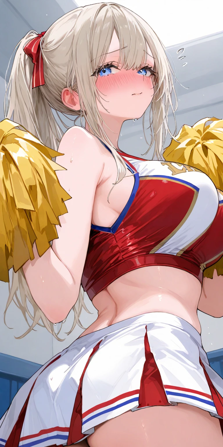 masterpiece, best quality, 1girl, beautiful detailed eyes, perfect face, beautiful detailed face, looking at viewer, sigma 400mm f1.8, photo fine print, amazing sharp focus, ultra detailed, platinum blonde, long hair, ponytail, stadium, large breasts, cheerleader, underboob, nsfw, embarrassed, outdoors, <lyco:GoodHands-beta2:1.0>