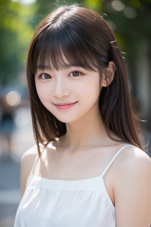 (masterpiece:1.3), (8k, Photorealistic, RAW Photos, Best image quality: 1.4), Japanese Girls、16 years old、(Random hairstyle:1.2)、(Cleavage:1.2)、Super detailed face、Eye on the details、double eyelid、Chest to chest、Sharp focus:1.2、(Cute Woman:1.4)、Light brown hair、bangs、highest quality、Ultra-high resolution、(Photorealistic:1.4)、Highly detailed and professionally lit smiles、Loose, lightweight knitwear、thin、smile、Long Hair、Upper body portrait