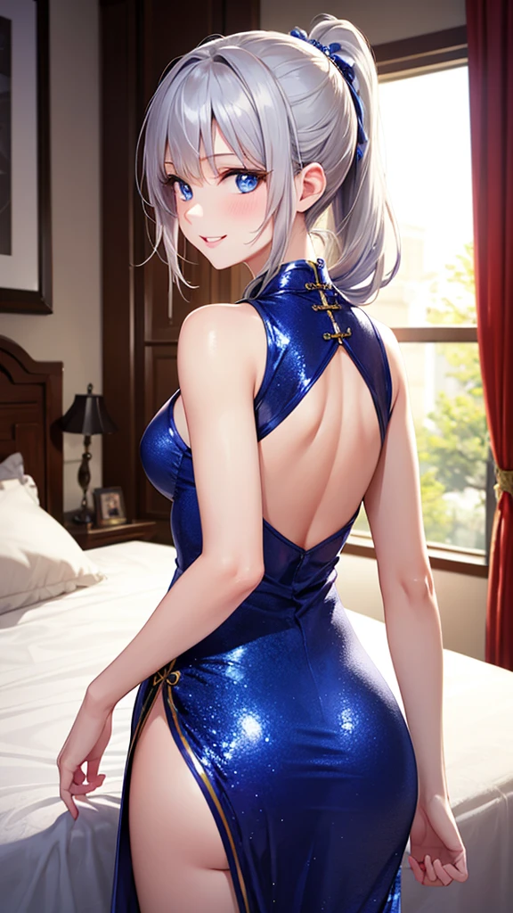 ((Highest quality)), ((masterpiece)), 16K, RTTX 10.0, High resolution, ((detailed)), ((Complex)), Sexy Girls, nice, Edgy, Wearing a sexy silver lavender sequin dress, at night, indoor, detailed eyes, Medium hardness sharpened , Cleavage, belly button, Long silver braided hair, Professional makeup, beautiful.Camel Toe、Giant tit、Nipple Puffs、Cleavage、Plump、Super big breasts、Super big butt、Bubble butt、Geometric dress