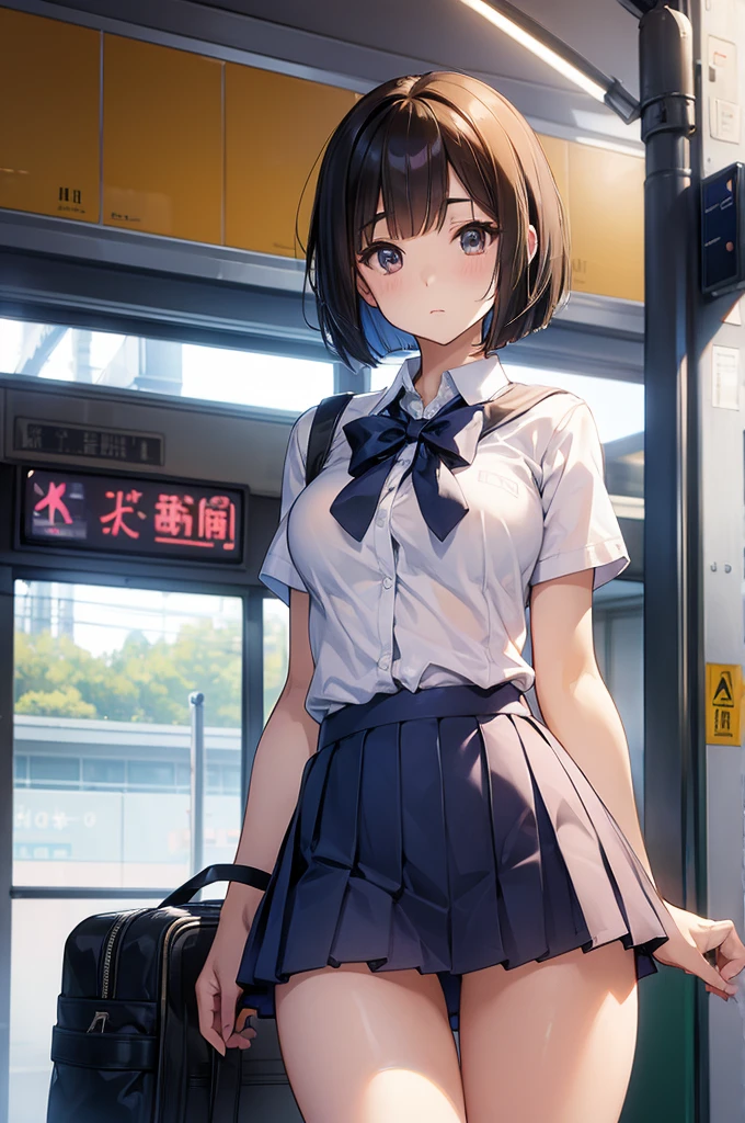 master piece, extremely detailed, high resolution,Makoto Shinkai style、high school girl、1 girl、Upper body only、Short-sleeved shirt、Blue bow tie、Glossy, plump lips、Shiny Hair、Brown Hair、Long Straight Hair、Mid-chest、Narrow waist、Checkered mini skirt、Climbing an escalator、Backwards、Looking up from below、Skirt is held back、Panties are visible under the skirt、Embarrassed look、Looking at me shyly、Red cheeks、