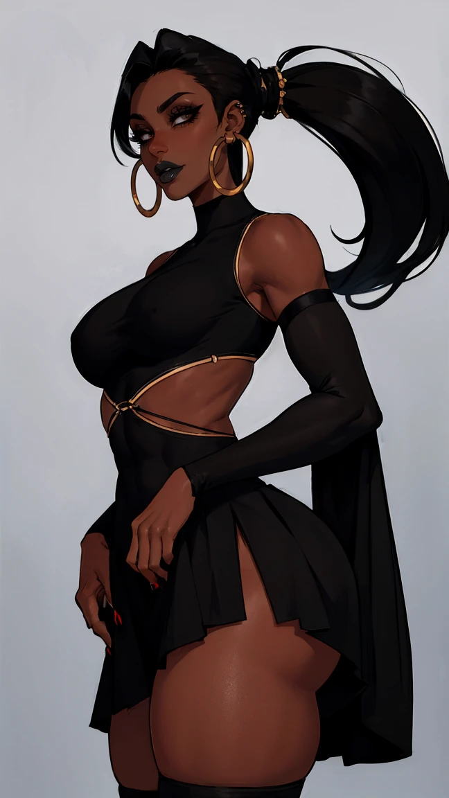 Raise a black adult woman, flat hair, wearing dress, menacing look, superior posture