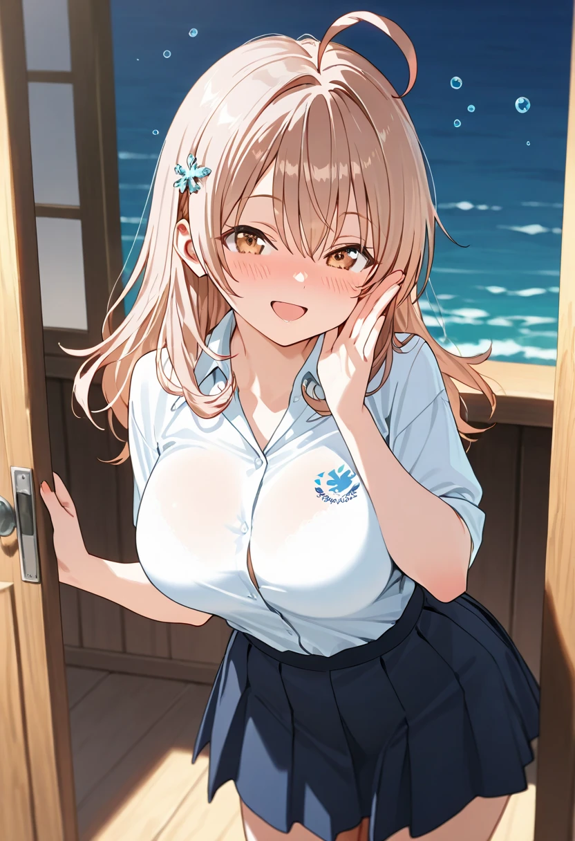 girl, grab breast, {breast milk}, cleavage, , shirt, skirt, heart hands in front of nipples, nsfw