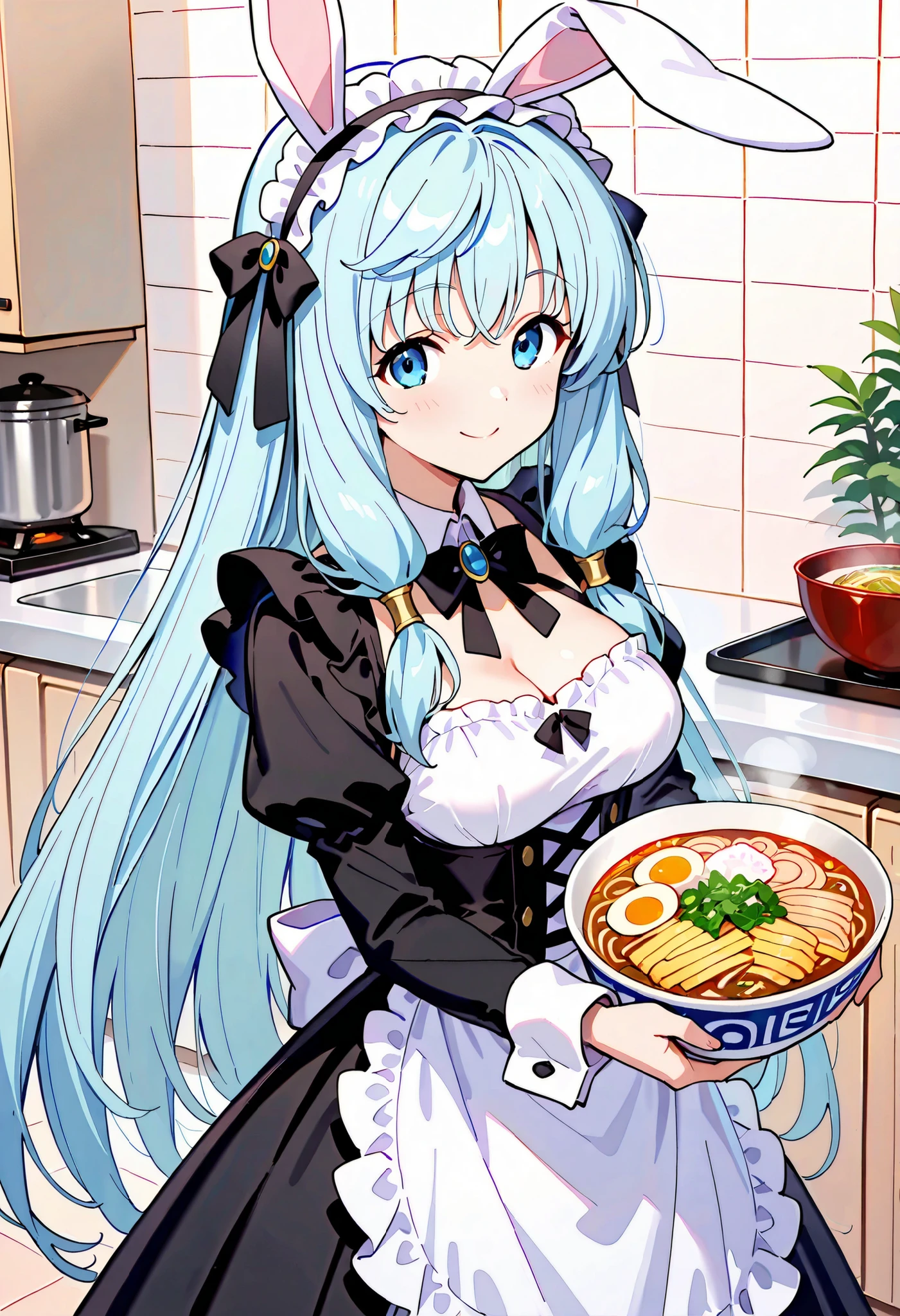 high definition、Highest Quality、Highest Quality、kitchen background、taken from the front、Standing、closed mouth、one girl、solo, smile, Shea Haulia,blue eyes, Light Blue Hair, Chest, Bunny ears、 hair bow, Black Maid Outfit 、(black victorian maid outfit:1.tanding, Silver Tray, Carrying food, Tableware , Udon 、Ramen shop, The flower of orchids, Dynamic angle