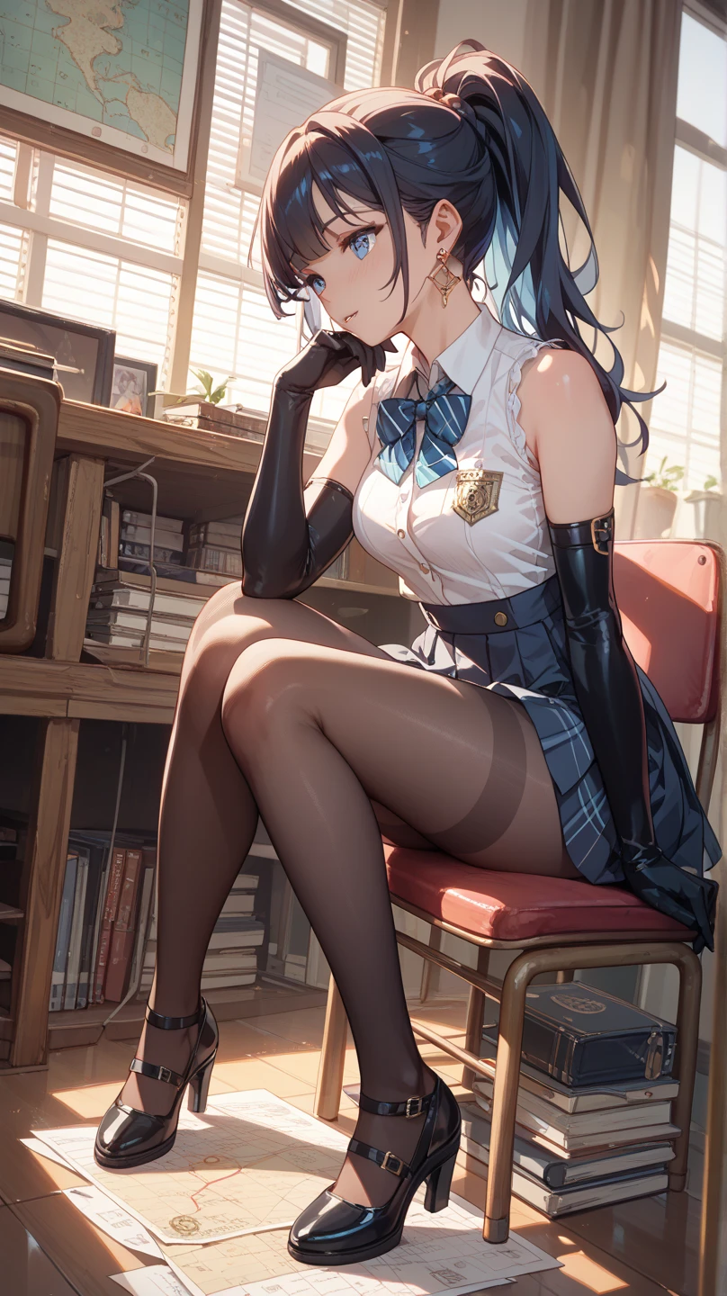 a beautiful detailed girl in a school uniforms, glasses, classroom, black hair, big breast, underboobs, detailed face, detailed eyes, detailed lips, delicate facial features, elegant pose, detailed hand and fingers, full body, detailed folds and textures, vibrant colors, natural soft lighting, 8k, masterpiece, moonlight