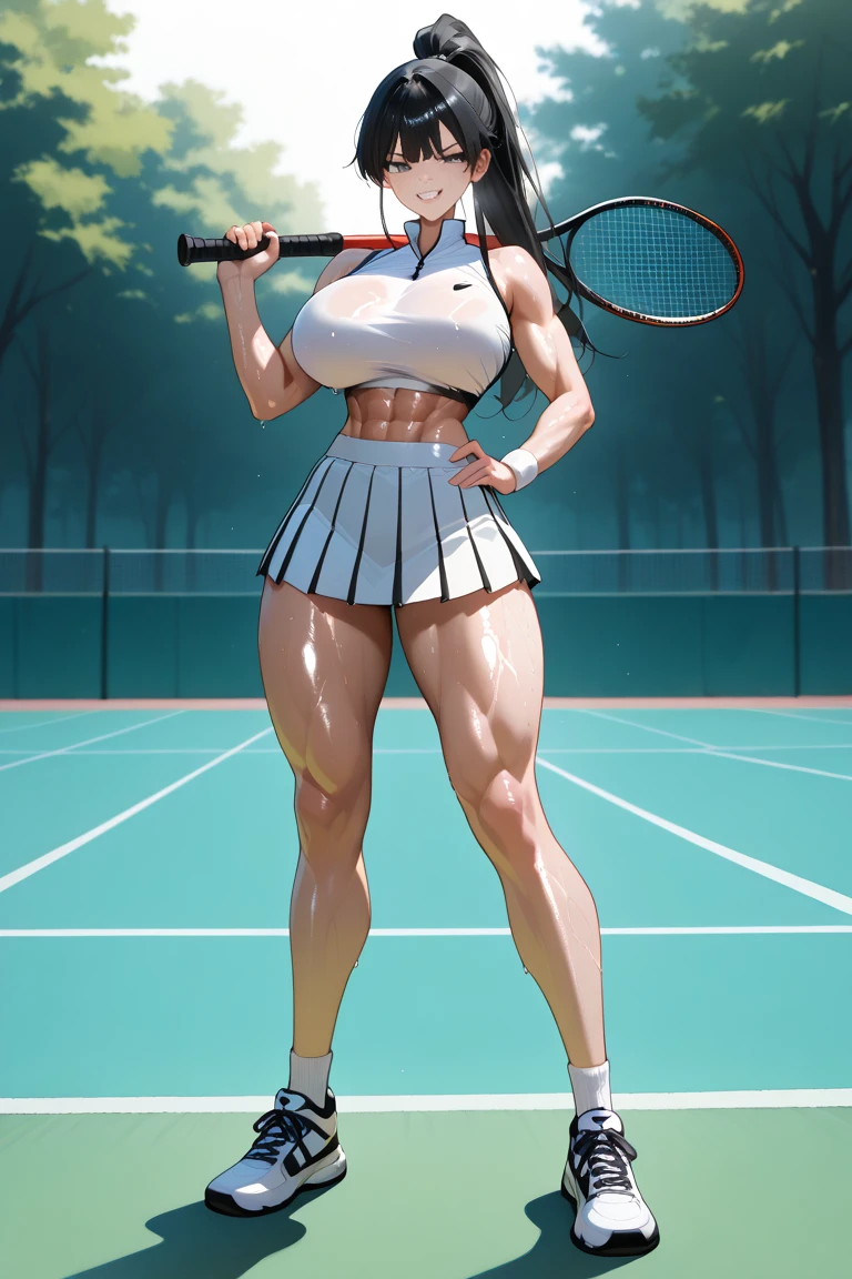 Beautiful woman with short hair black hair purple eyes standing full body thick curvy thighs in front of a bodybuilding gym, short shorts nike style tennis, dark skin sweaty body