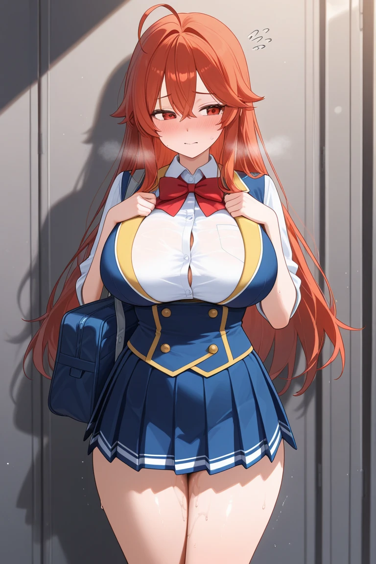 best quality,masterpiece, high res,original, beautiful detailed eyes,ultra-detailed, perfect anatomy,
1girl, solo, cowboyshot,
large breasts, wide hip,
glamorous body, slender body,
 <lora:erinanakiri:0.9>, long hair,  erina,
school uniform, vest, long sleeves, red bowtie, yellow skirt,
happy face, blush, parted lips,
perfect lighting,Colorful, Bright_Front_face_Lighting, shiny skin,
(beautiful_face:1.5),
anmnr, <lora:anmnr01:0.2>,