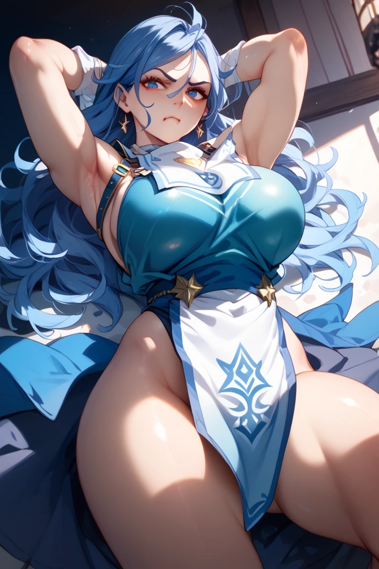 fantasy, lake_elemental_girl,(right_skin:0.9), (using_water_clothes:1.1), wet,covered_breasts, water_covered_pussy,covered_nipples,(gigantic_tits:1.1), walking, smile, sleepy, medium_hair, navel oil, (water_around_torso:1.1), pondside_background, gold_headgear, aquablue_cape, spread_arms, large_staff, slender_thighhighs,solo,(pelvic_curtain:1.2), tabard,(plump:0.7),cowboyshot,(apart_legs:1.4),pussy,splash