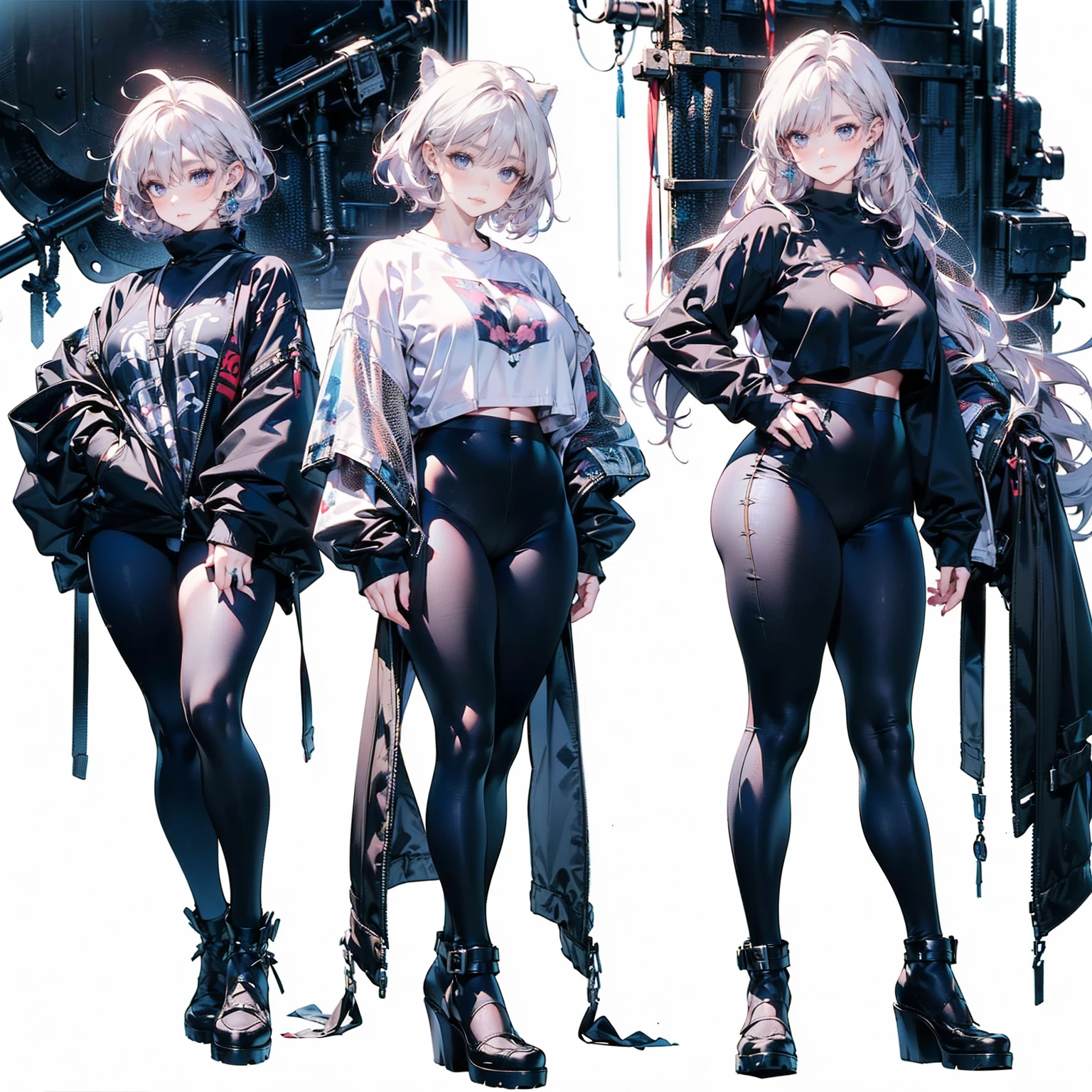 (((unique look:1.5, The eyes of famous artists, )))、Pink Hair (White Hair Girl), (Thick, dark blue eyebrows:1.4), (Dark blue eyebrows:1.7), (Thick eyebrows:1.3), (Huge black fluffy animal ears:1.1), (Black animal ears:1.1), break, (((Mesh Stitching Crop T-Shirt, Cutout Long Sleeve Top))),break, (Big Breasts:1.2, Thick legs, Adult female body, Sturdy body:1.5), ((Relax in the great outdoors:1.5)), (sharp eyes, Ultra-high definition CG, Precisely designed costumes, 4k, 8k, Ultra-high definition CG, Precisely designed costumes, Clear lines, Expressive and Captivating Eyes, Fine Details and Realistic Textures, cinematic lighting), ((white background)), break, (Wearing black leggings with holes), Skinny sleeves, (Torn and holey leggings:1.2)(Black leggings:1.4), (Punkish Boots:1.2), (Thick sole:1.5), (Big shoes:1.3), ((unique look:1.5, The eyes of famous artists))