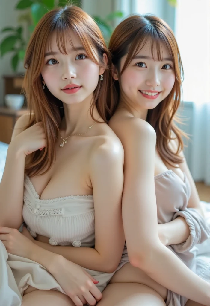 two girls、((1 young and beautiful girl:1.2)), disorganized person, (8K, Raw photo, highest quality, masterpiece:1.2), High-definition RAW color photo, professional photography, cinematic light, (detailed face:1.2), (highest quality:1.2), (smile:1.2), (view:1.2), ((cleavage:1.2)), smile, slender and beautiful girl, 大きくopen chest, open chest, bare shoulders, cuteness, Sexiness, bedroom, bed,off shoulder、Nurse Uniform、I can see the belly button、thighs、not wearing underwear