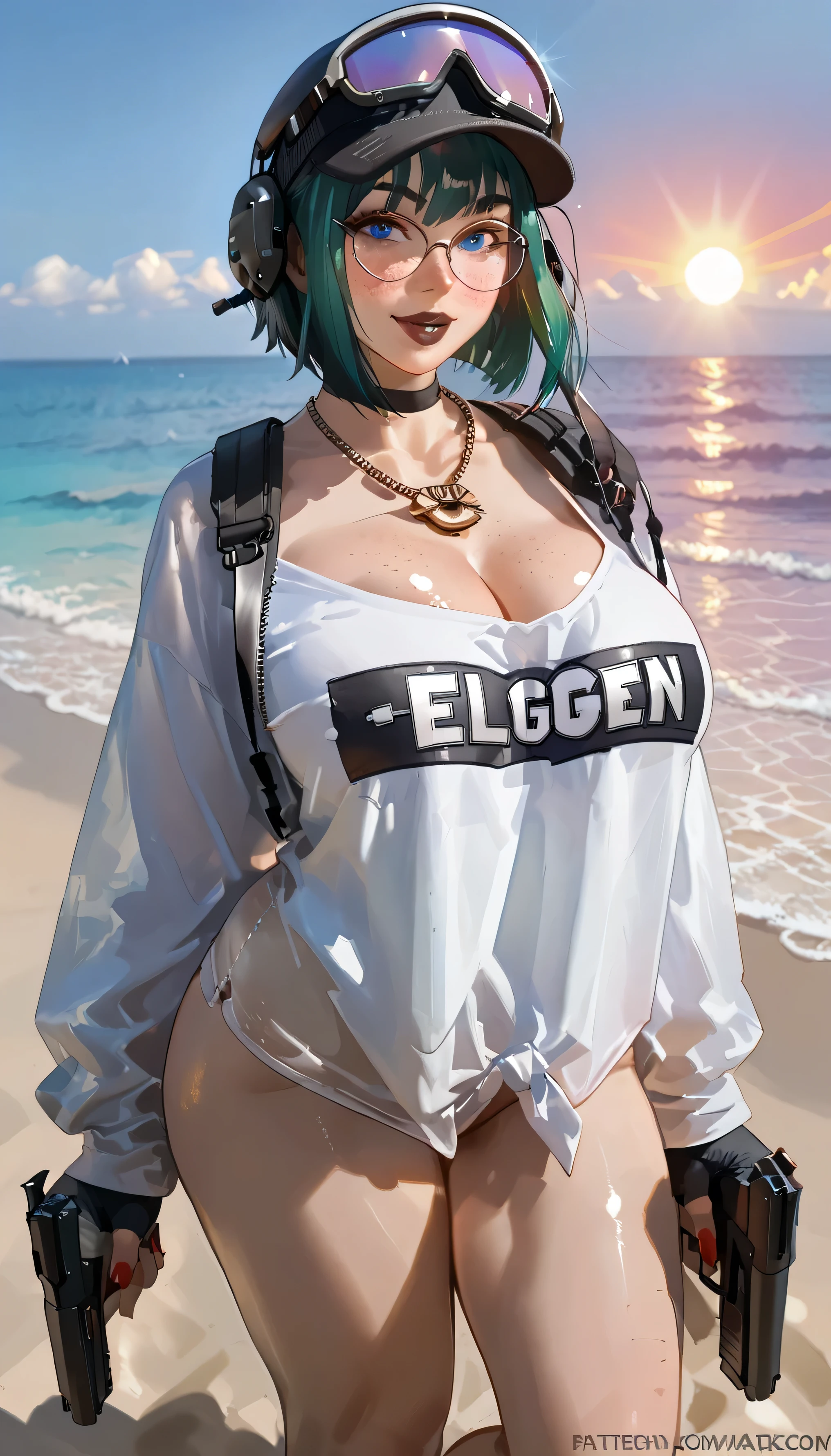 score_9, score_8_up, score_7_up, score_6_up, low angle, score_9. score_8_up, score_7_up, score_6_up, score_5_up, score_4_up, Ela, ela elite \(Rainbow Six Siege\),ela, ela \(Rainbow Six Siege\ HD, perfect masterpiece,score_9, score_8_up, score_7_up, score_6_up, score_5_up, score_4_up, score_8_up, score_7_up, Freckles, fFaceDetail, beautiful face, high detailed face, curvy body, jewelry, necklace, make up, bimbo lips, perfect eyeliner, blue eyes, red nails, bobcut hair, green hair, lipstick, black lipstick, red blush, cap, 1girl, swinsuit, eyelashes, eyeliner, big breasts, thicc, thicc huge thighs, thicc huge ass, big hips, seductive, sexy, masterpiece, best quality, ultra-detailed, higres, 1girl, solo, mature female, beautiful face, smile open mouth, sun glasses, looking at viewer, perfect shadows, shiny skin, ((oversized shirt, bare legs, bottomless)), large breasts, cleavage, standing, sea, beach, sand, wind, sunset, fat ass, holding a american eagle pistol