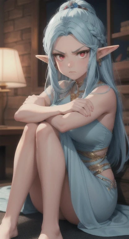 young girl, long blue sloppy hair, Green eyes, elf ears, Scars, Burns, ripped clothes, Sitting on the ground, sorrow, Tears, Masterpiece, highly quality