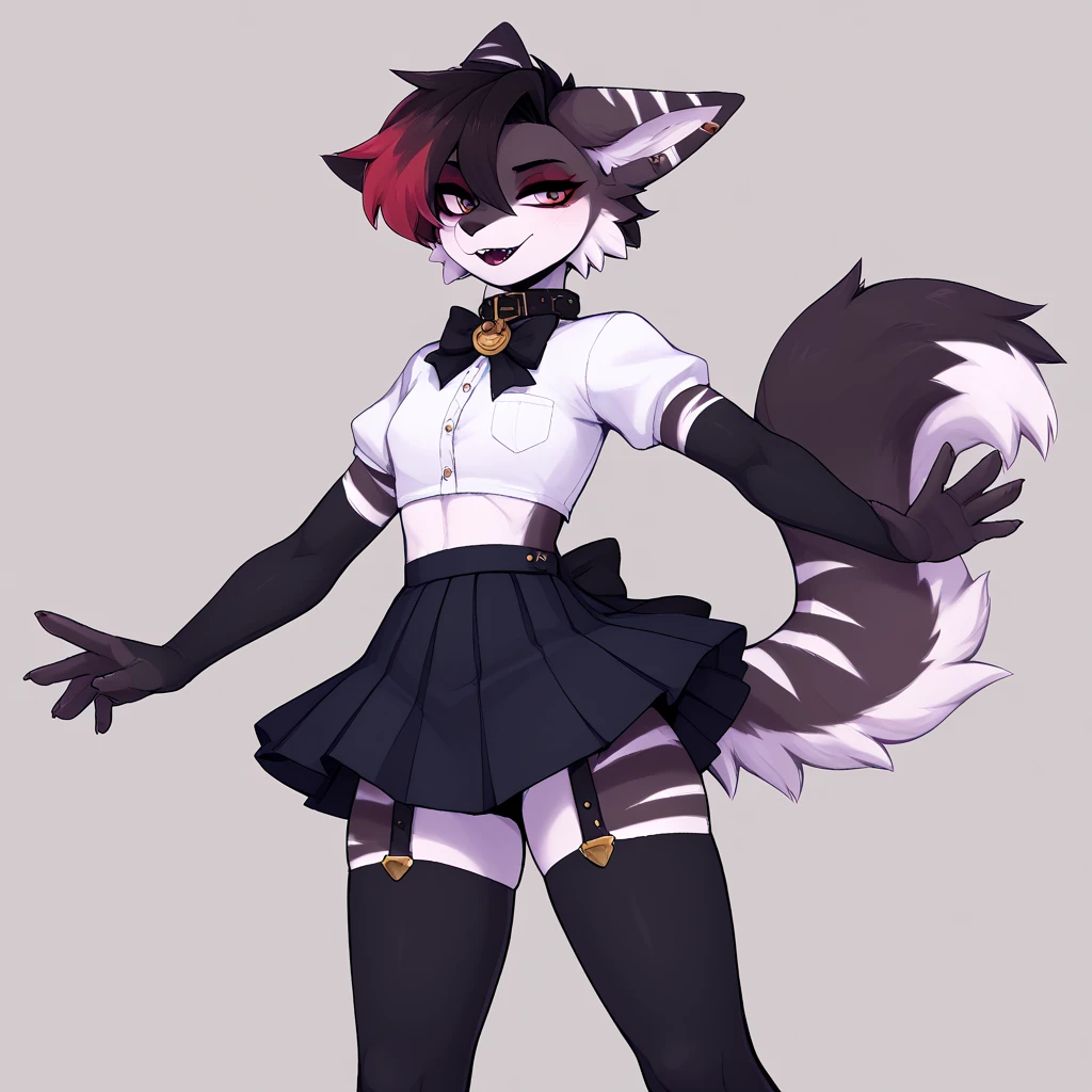 No background, white background, ((by reysi)), Furry, solo, ((Australian Shepard)), (dark fur, grey fur), ((teen)), ((male)), ((lithe)), ((white hair)), (red leotard, long sleeve, exposed shoulders, choker, stockings, garter), wizard hat