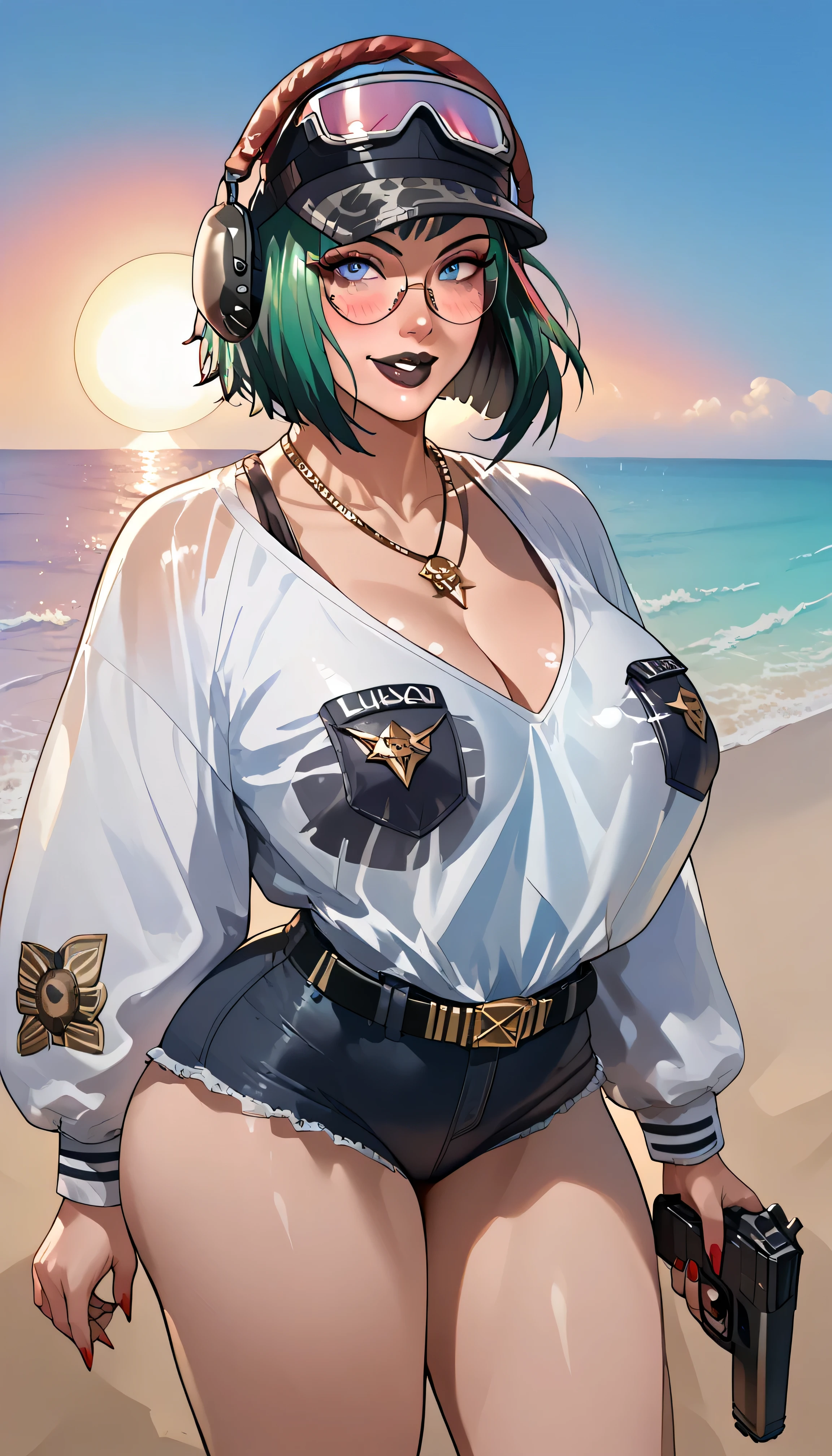 score_9, score_8_up, score_7_up, score_6_up, low angle, score_9. score_8_up, score_7_up, score_6_up, score_5_up, score_4_up, Ela, ela elite \(Rainbow Six Siege\),ela, ela \(Rainbow Six Siege\ HD, perfect masterpiece,score_9, score_8_up, score_7_up, score_6_up, score_5_up, score_4_up, score_8_up, score_7_up, Freckles, fFaceDetail, beautiful face, high detailed face, curvy body, jewelry, necklace, make up, bimbo lips, perfect eyeliner, blue eyes, red nails, bobcut hair, green hair, lipstick, black lipstick, red blush, cap, 1girl, swinsuit, eyelashes, eyeliner, big breasts, thicc, thicc huge thighs, thicc huge ass, big hips, seductive, sexy, masterpiece, best quality, ultra-detailed, higres, 1girl, solo, mature female, beautiful face, smile open mouth, sun glasses, looking at viewer, perfect shadows, shiny skin, ((oversized shirt, bare legs, bottomless)), large breasts, cleavage, standing, sea, beach, sand, wind, sunset, fat ass, holding a american eagle pistol