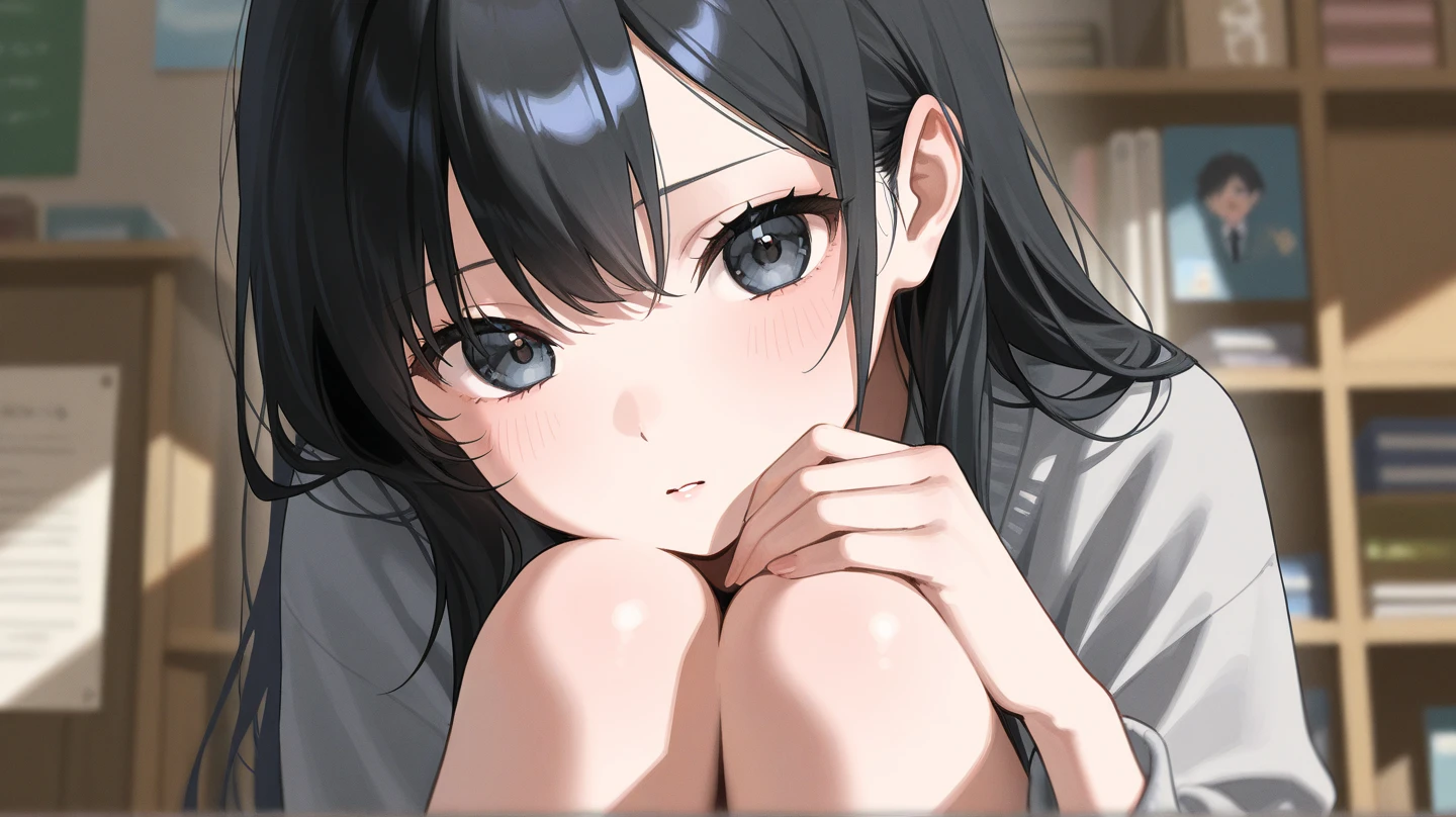 Angle from above、High resolution、high quality、High resolution、high quality、8k、professional lighting、woman kneeling、Semen ejaculated on the face、small breasts、small breasts、full of sweat、black hair