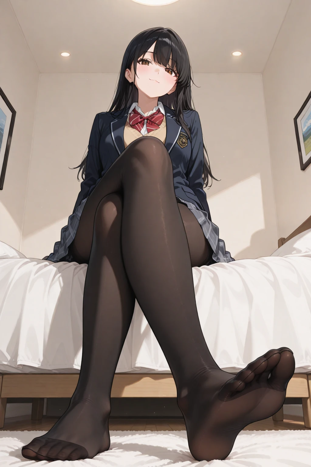 Top quality, masterpiece, High resolution, (Head to toe full body), front, frontやや下からの構図, Symmetric, Tall 18 year old girl, alone, (Head to toe), (Large Breasts), Messy black hair, bangs, (black tights), (Black Pantyhose), (Sit with your legs apart), (Crouching pose), (Composition showing white panties), (Her legs were spread、I see your white pants.), (I was made to sit on the floor with my legs spread..), (M-shaped legs), Thin legs, A very beautiful and tall 18 year old girl, (No shoes), blush, Shy big eyes, looking at the camera, Blazer Uniform, Checkered Pleated Skirt