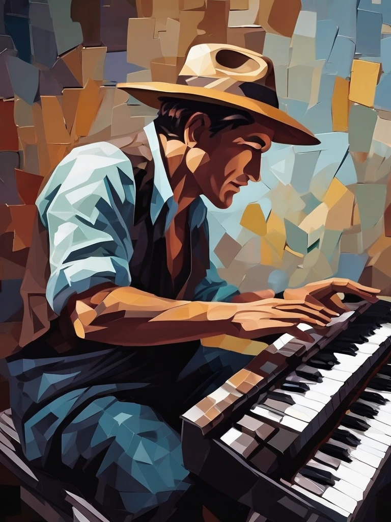Impasto techniques, A man wears hat was smoking cigarettes while playing with a guitar,