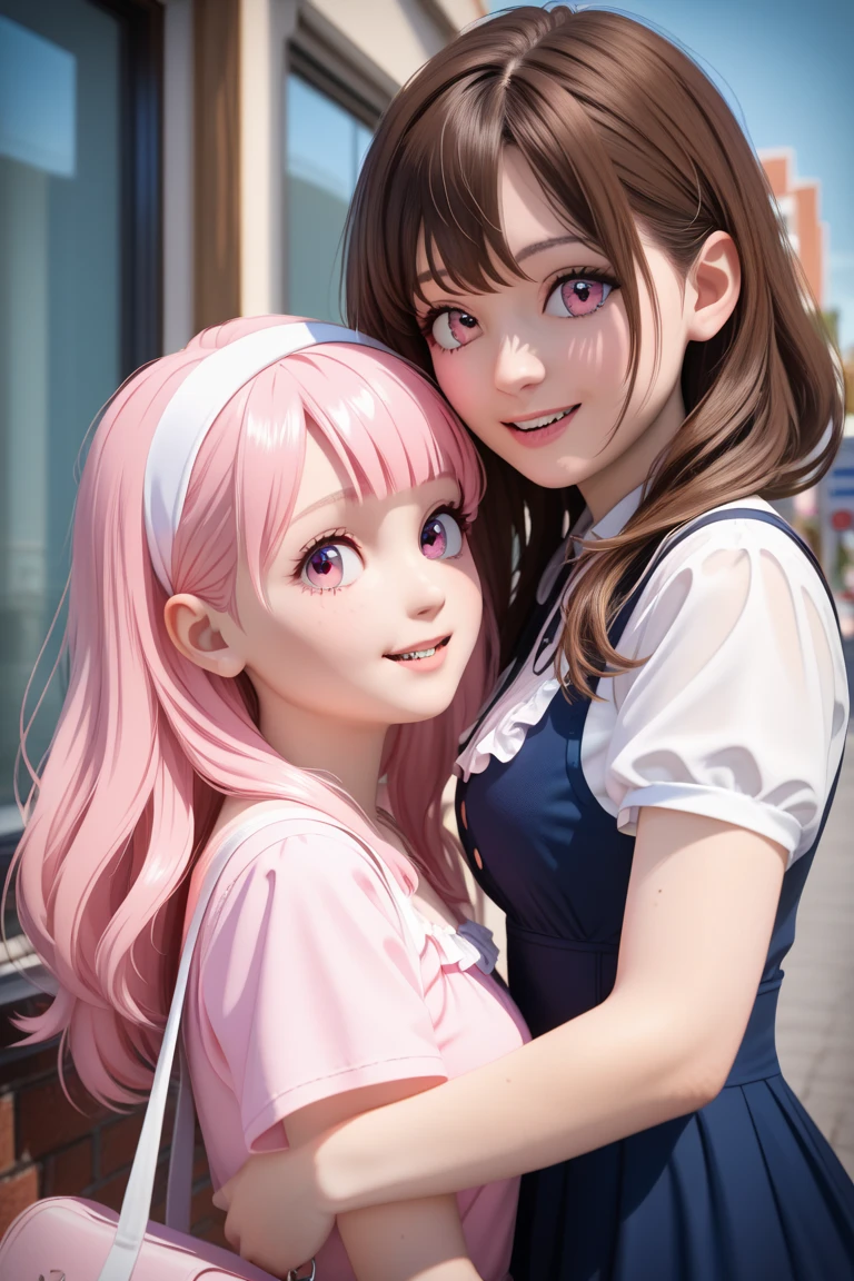 Girl child long hair pink up to foot, dark strong blue eye, navy blue short dress turtleneck and long sleeve,white pantyhose,yellow shoe/sneaker,childish body,skinny white skin, floating,small pink lips, pink cheeks, small pink nose, white gloves,flowing short dress,Cute Beauty with Perfect Figure,highly detailed facial and skin texture, Detailed eyes