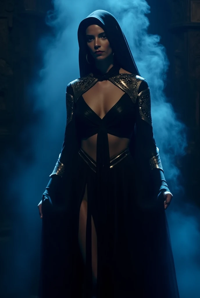 beautiful woman in gedi robe, beautiful woman dressed as a Sith Lord, 2 women, star Wars, hyperrealistic, 8 K, very detailed, photorealistic, dramatic lighting, Cinematic composition, complex costume details, Elegant poses, dynamic movement, moody color palette, Dramatic shadows, bright colors, Stunning visuals