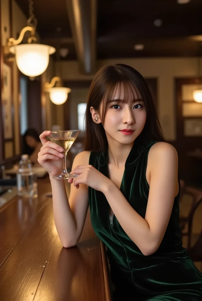 ((highest quality)), ((masterpiece)), (detailed), Perfect Face,Woman sitting at a bar with a wine glass in front of her, Choi Hong-hwa, Shin Min-jung, Jaeyoung Nam, Kwak Ji-yeon, gorgeous young Korean women, Lee Ji-eun, Lee Ji-eun, She is holding a wine glass, with a drink, beautiful young Korean women, Korean women, John Sans