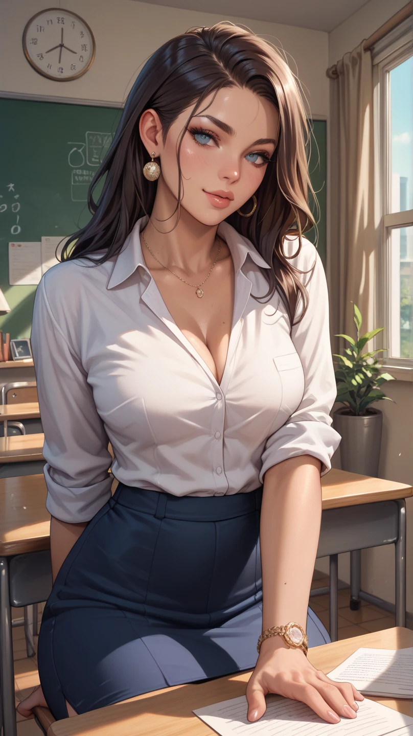 1 garota, sala de aula, leaning over the table, seios enormes, elegante, glasses, Lindo, Without bra, camisa branca, Without bra, black pencil skirt, Corpo fino, Cabelo longo, manga curta, Copos, sala de aula