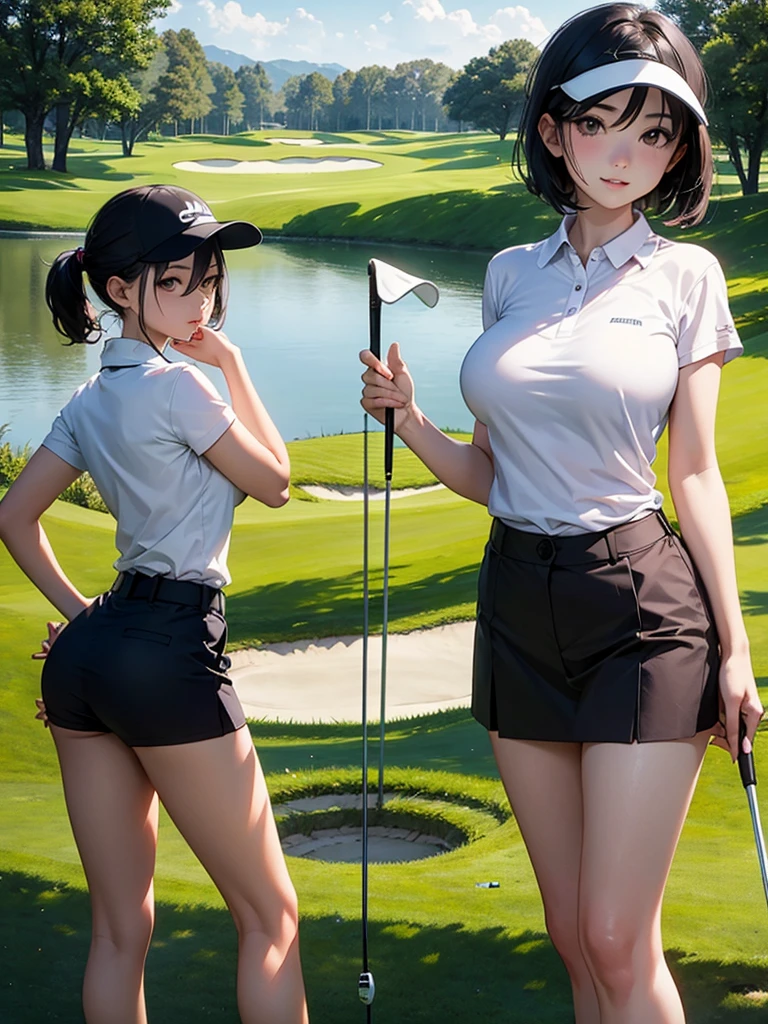 1woman, 30 years old, walking to the hole, near the flag in the green, full body, playing golf, golf course, nice, short dark hair, white cap, ponytail, smiling, looking at viewer, cute face, holding a golf club, white open shirt, sleeveless, perfect butt, narrow waist, very short pants, big breasts, from above, centered