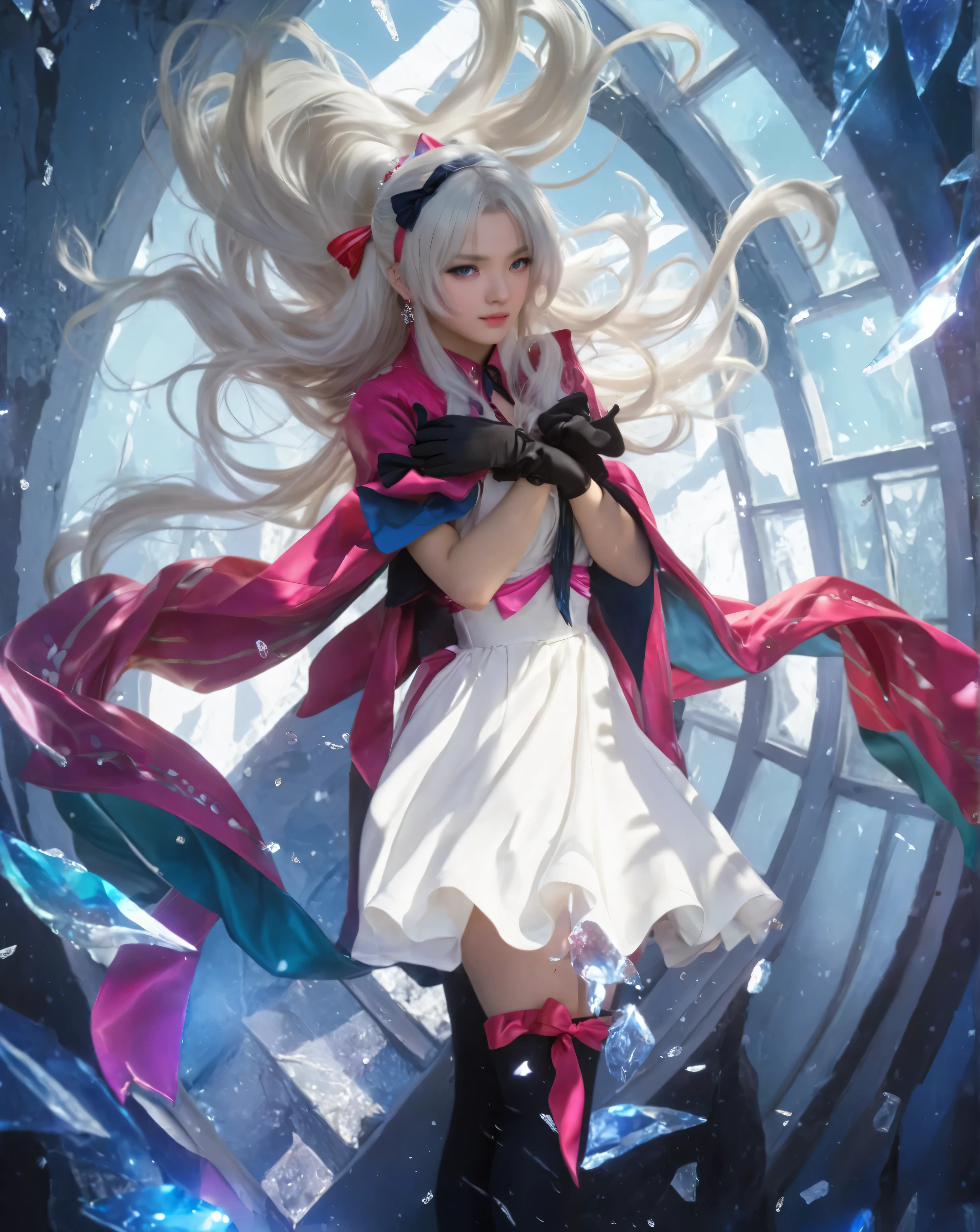 ((CARLOTTA_WUTHERING WAVE))),((realistic, photorealistic)),(highlight hair)), Light reflection, (( HD )),((upper body)), (((best quality, masterpiece))), (masterpiece) (best quality) (detail) (8k) (HDR) (wallpaper) (cinematic lighting) (sharp focuasterpiece, best quality: 1.1), Real life adaption of this character, Asian  beauty face, Shining Purple eyes, realistic outfit, realistic shadow, realistic light, realism, hyper realistic, realistic background,(photorealistic:1.2), masterpiece, best quality, 1girl,(masterpiece, best quality), 1girl, score_9, score_8_up, score_7_up, BREAK source_anime, (masterpiece), (best quality), 1girl, long hair, white hair, ahoge, dress, thighhighs, (from above:0.6), (from side:0.6), (ultra detailed), shine, looking at viewer, no emotion, bicolored eyes, sunlight, ,1girl,carlotta_\(wuthering_waves\),gloves,solo,long hair,bow,black gloves,hair bow,blue eyes,pink bow,jewelry,earrings,breasts,ahoge,hand up,ponytail,pink jacket,white bow,parted bangs,white hair,chain,white dress,black bow,two-tone bow,medium breasts,sidelocks,hairband,collarbone,Background of broken glass, broken glass, glass shards, glow effect, loose hair,,
(artist:reoen:0.826446),artist:machi,(artist:ningen_mame:0.9),(artist:sho_(sho_lwlw):0.9),(artist:rhasta:0.9),(artist:wlop:0.7),(artist:ke-ta:0.6),(fkey:0.5),(tianliang duohe fangdongye:0.5),(hiten \(hitenkei\):0.6),best quality,amazing quality,(artist:onineko:0.826446),very aesthetic,
masterpiece,best quality,very aesthetic,highres,absurdres,