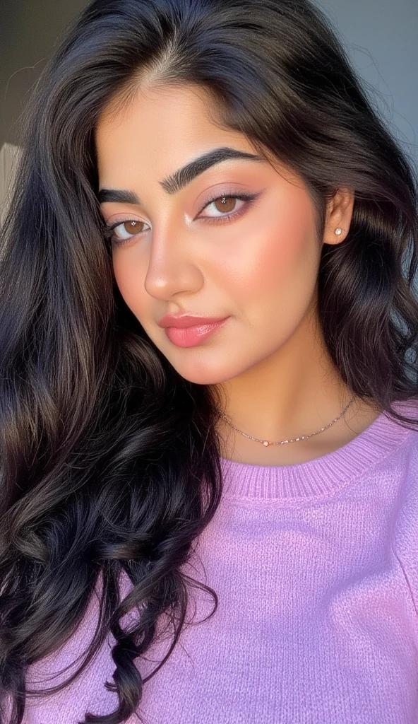 Create an ultra-realistic image of a modern, attractive female influencer of Indian descent, aged between 27 to 30. She should have a warm and inviting smile, expressive almond-shaped eyes with a slight shimmer, and clear, glowing skin with a medium brown complexion. Her features should be well-defined, with high cheekbones and a sharp jawline. Her hair should be long, thick, and styled in a classic chignon with delicate pearl hairpins, with a deep, reddish-purple hue that’s bold yet sophisticated. She should have a slender yet athletic build with gigantic breasts (plump: 1.3),A woman is lying on her stomach with one arm stretched out in front of her and the other hand gently resting on her head. Her body is slightly angled towards the viewer, with her head turned to the side and she is fully necked (without cloths), gazing softly into the camera. Her hair is loose and cascades over one shoulder. The background is a soft, pastel pink, and the overall atmosphere is serene and intimate, focusing on her natural beauty and relaxed pose..