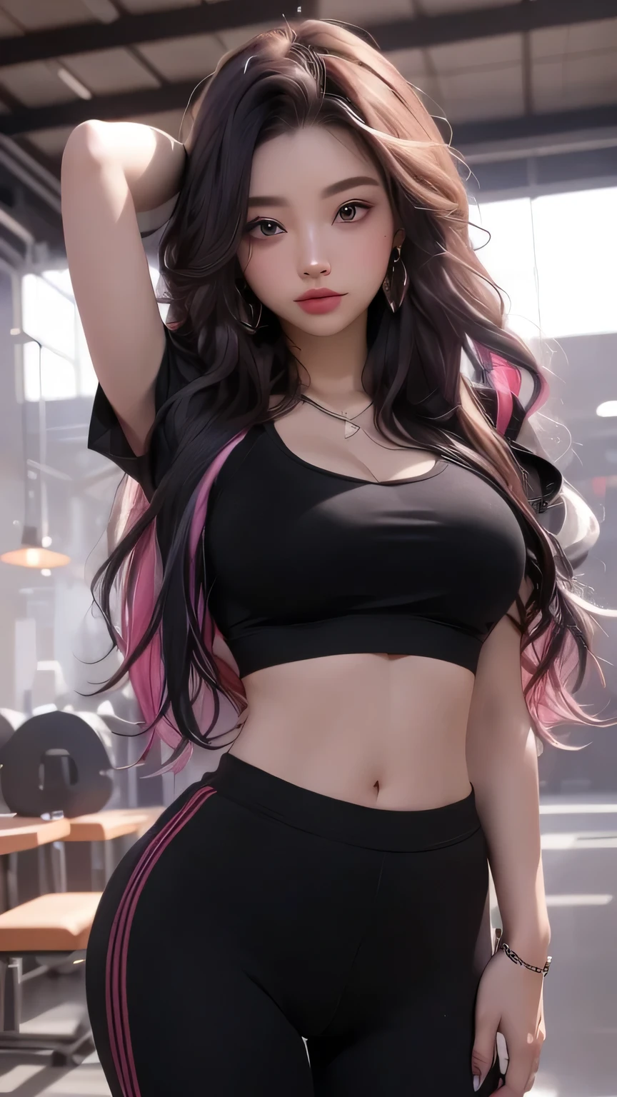 1人の女の子 魚眼レンズ 1girl black_hair black_pants black_sports_bra blush breasts covered_erect_nipples cropped_shirt grey_hair hair_ornament highres large_breasts long_hair looking_at_viewer multicolored_hair navel pants red_eyes sakamata_chloe shirt short_sleeves solo sports_bra streaked_hair white_shirt wristband x_hair_ornament yoga_pants