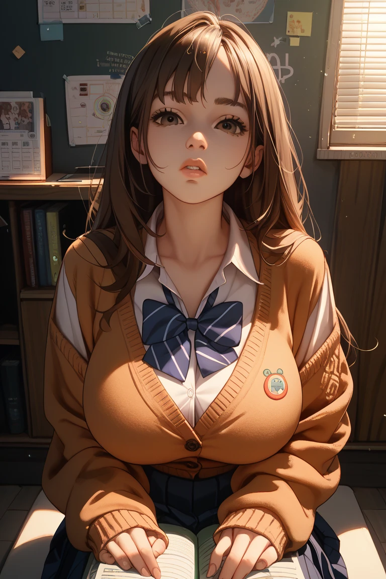 (from below:1.2),(1girl,ultra detailed skin,curvy,,beautiful breasts,large breasts,pale skin,pointy breasts,erect nipples),(Hyperrealist portrait,(8k),ultra-realistic,high detail,high resolution,best quality,masterpiece,Sense of presence,Dynamic,bold),(thin and soft hair:1.8),(straight hair),(Swept long bangs),(extra light coppery amber hair),(hair over one eye),(clothed:1.5,school uniform:1.5)