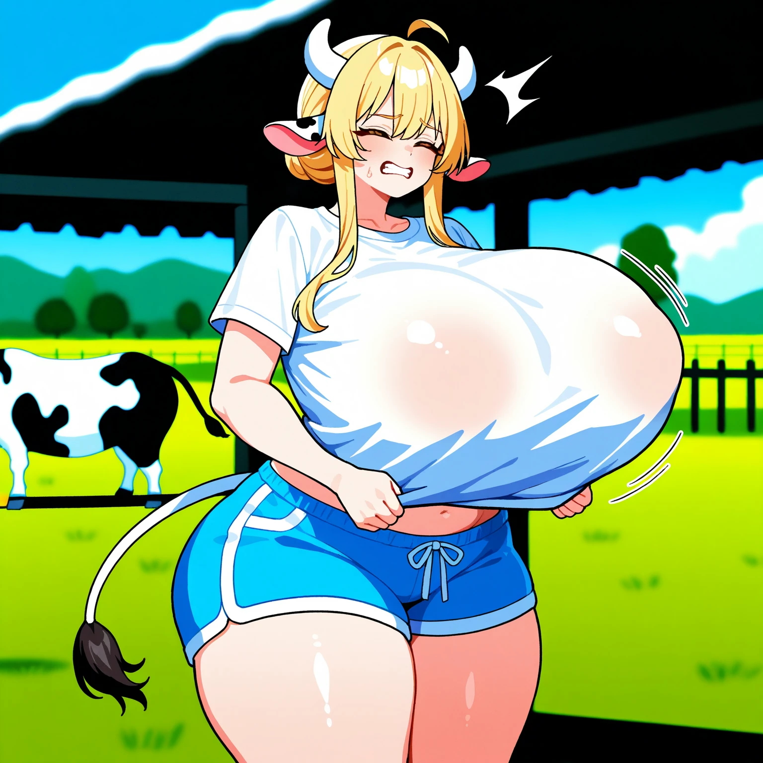 score_9, score_8_up, score_7_up, source_anime, my hero academia,himiko toga , 1girl,1boy , gigantic breasts, large nipples, erect nipples,looking at viewer,doggystyle sex, rough sex, arm pull, motion lines , hanging breasts, kneeling, cow print sleeves, neck bell, cowbell, cow print thigh highs, blue sky, grass ground,bouncing breasts, drooling, , pussy, milking machine, lactation, pregnant